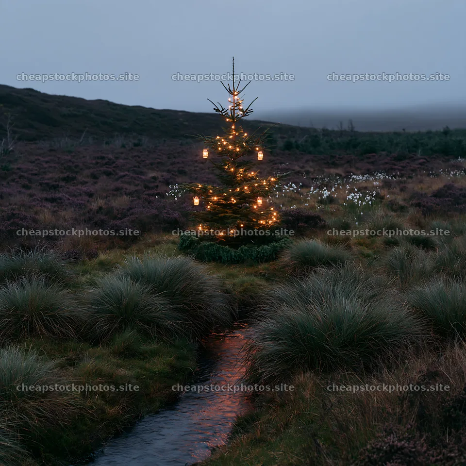 Christmas tree beside stream in meadow at dusk – stock photos 7938x7938