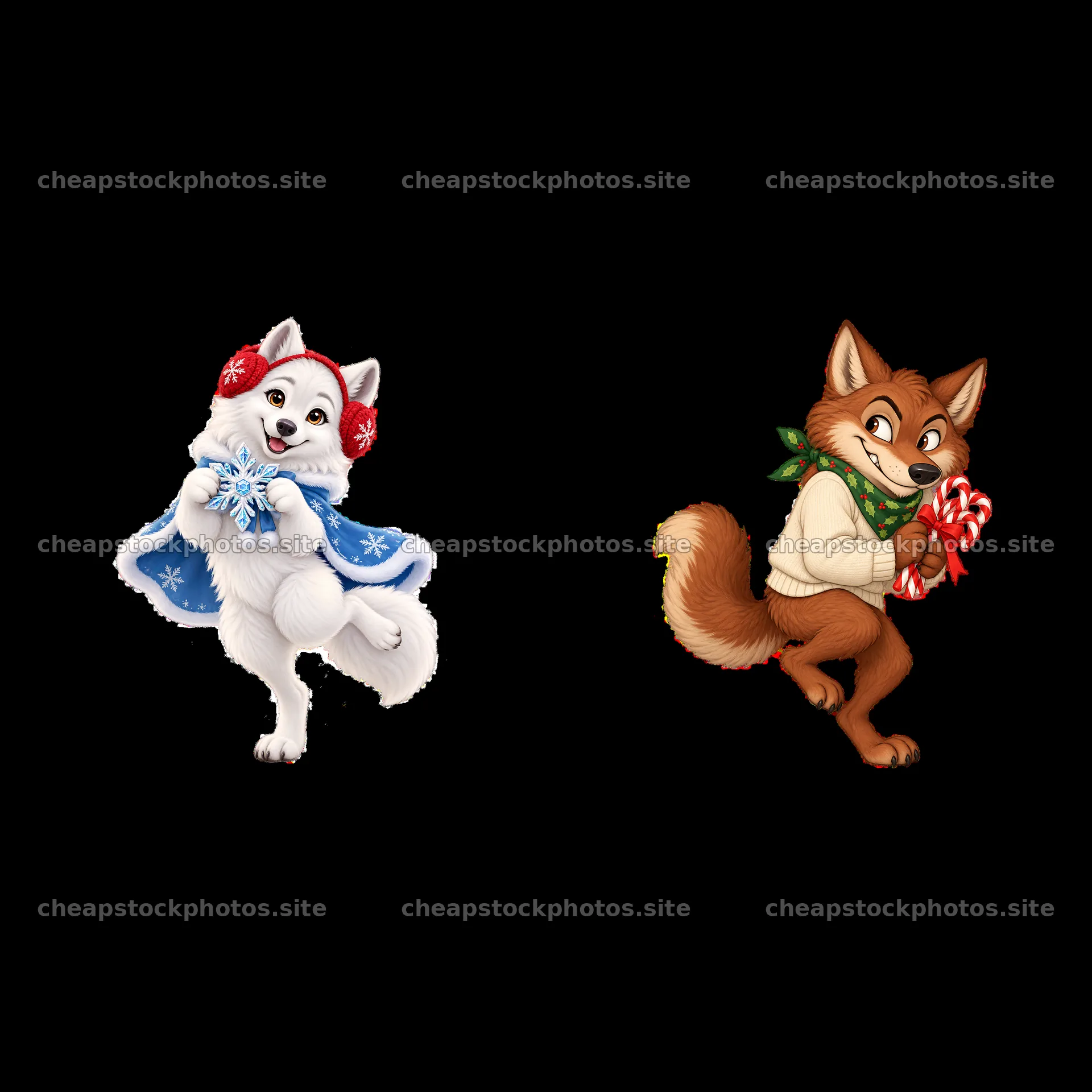 Christmas wolf pair with festive accessories enjoying the holiday – stock photos 7746x7746