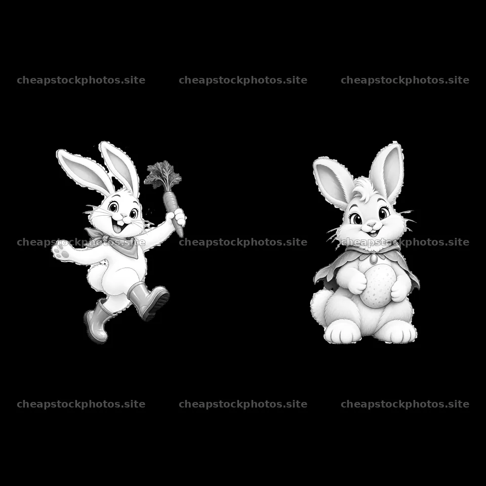 Easter Bunny characters holding carrots and eggs in black and white – stock photos 7746x7746