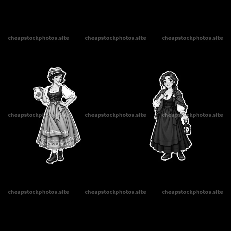 Women in traditional folk dress holding accessories in monochrome – stock photos 7746x7746