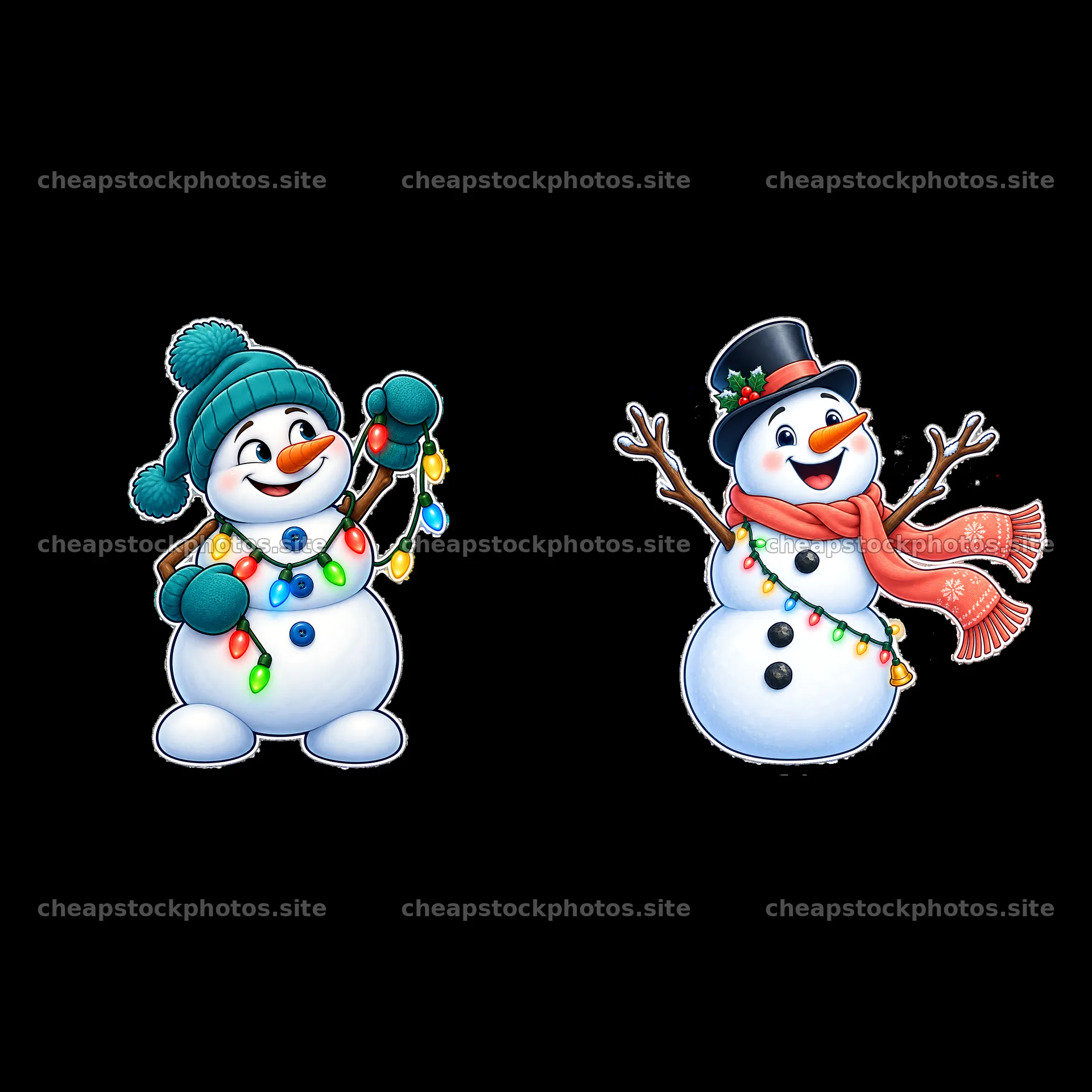 Snowman holding string lights and snowman with scarf and hat – stock photos 7746x7746
