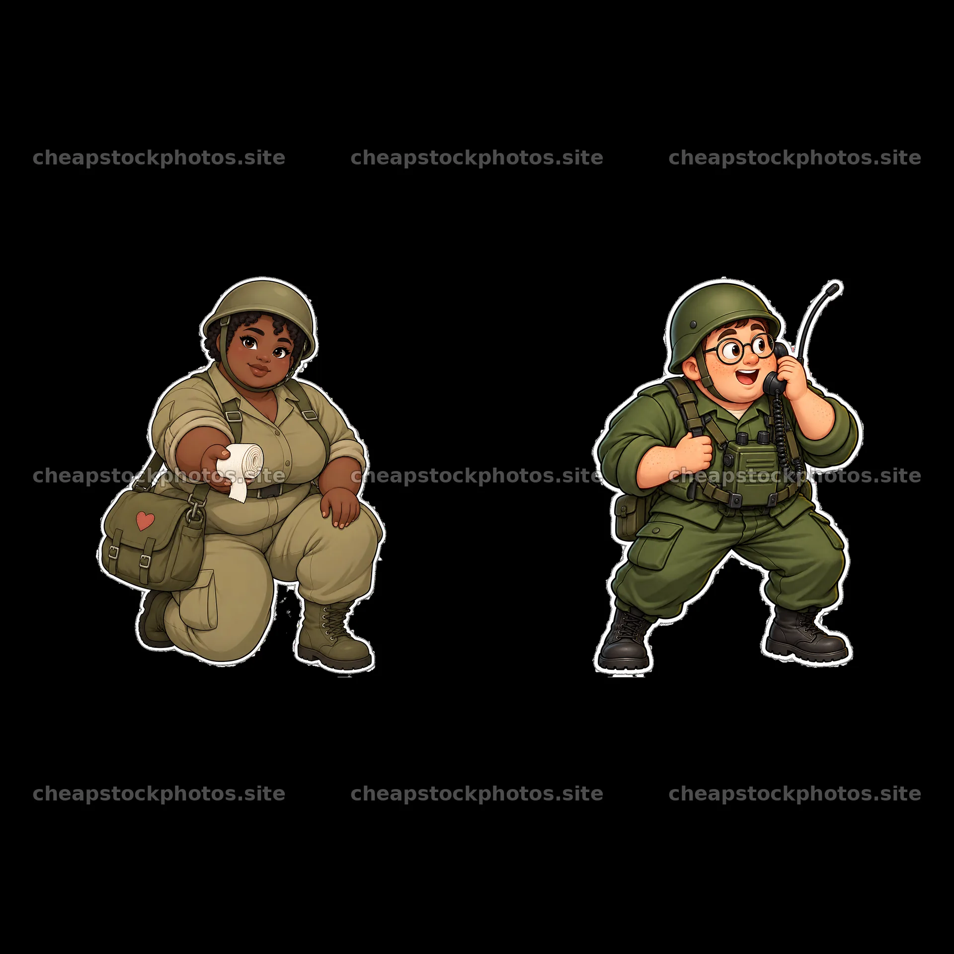 Cute ultra-chubby soldier characters in playful military poses – stock photos 7746x7746