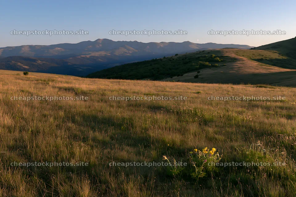 Moonrise over a meadow with mountains in the distance – stock photos 9722x6480