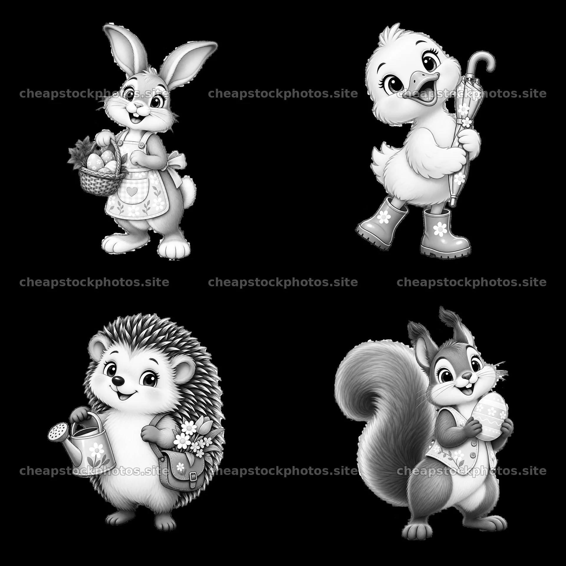 Easter animals holding baskets and decorations in monochrome style – stock photos 7746x7746