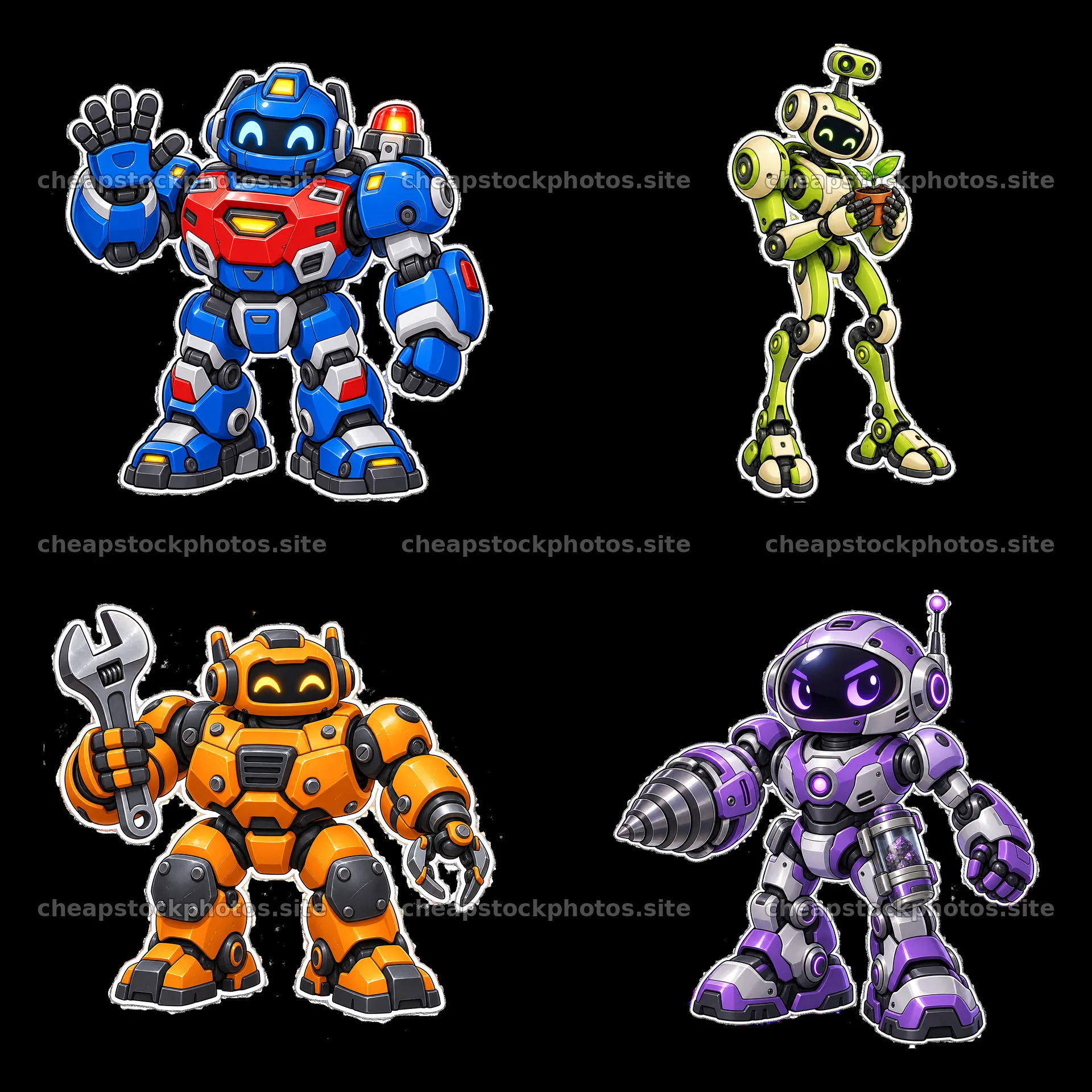 Mech robots in different colors and poses arranged in a grid – stock photos 7746x7746