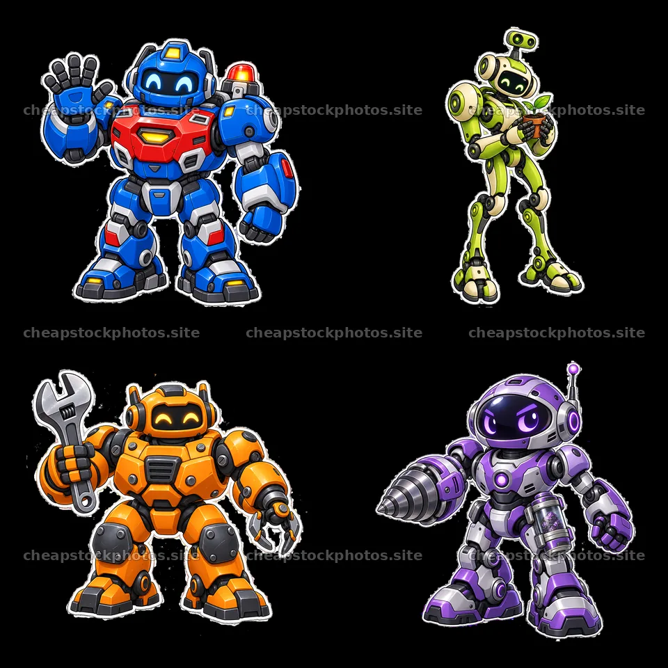 Mech robots in different colors and poses arranged in a grid – stock photos 7746x7746