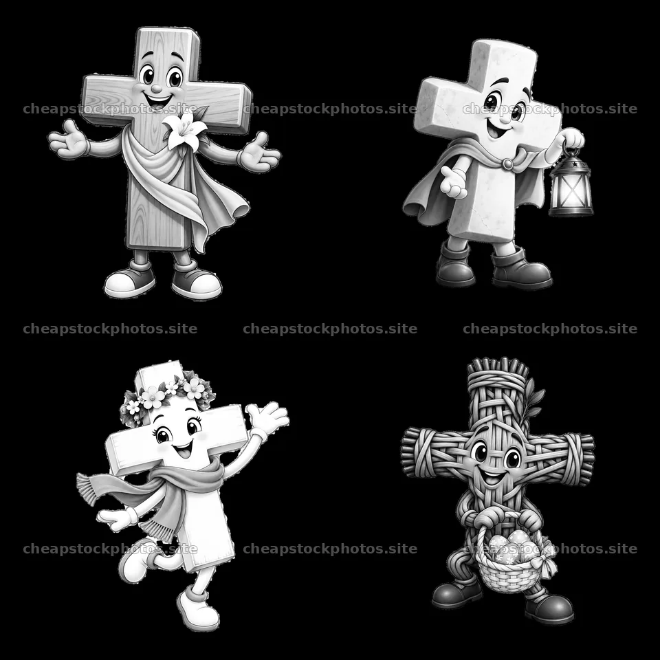 Easter cross characters with accessories in monochrome design – stock photos 7746x7746