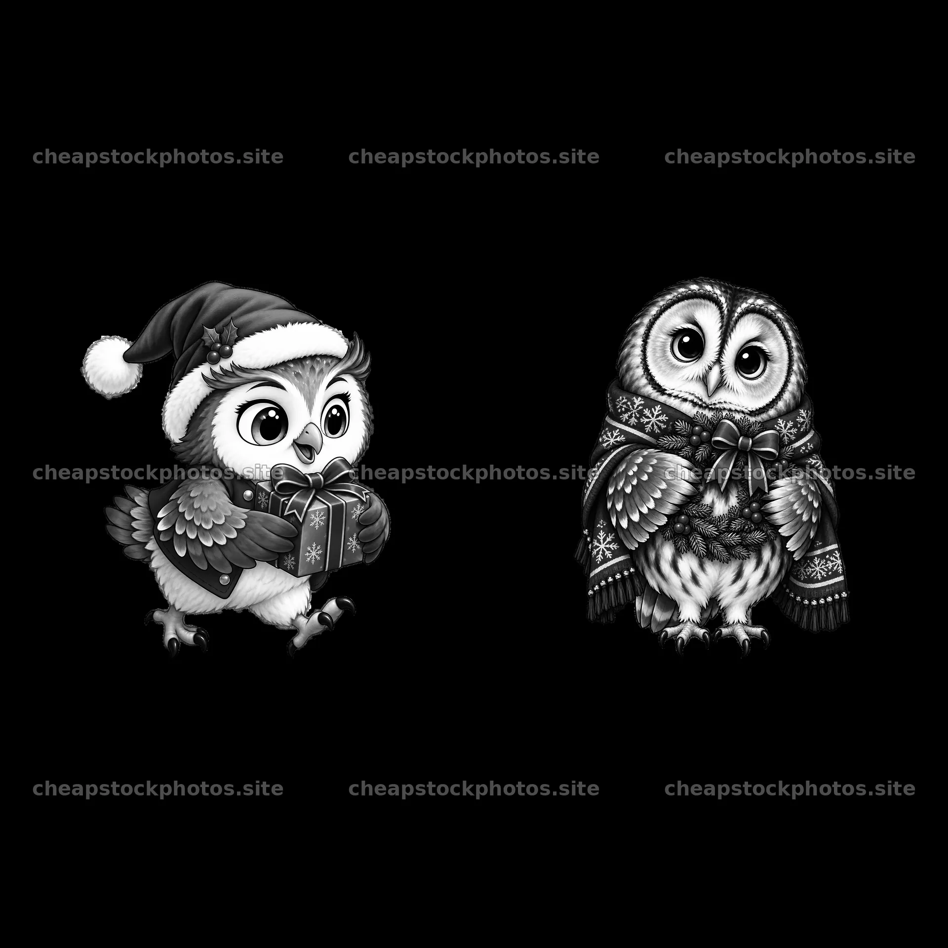 Christmas owls with gifts wearing festive attire – stock photos 7746x7746