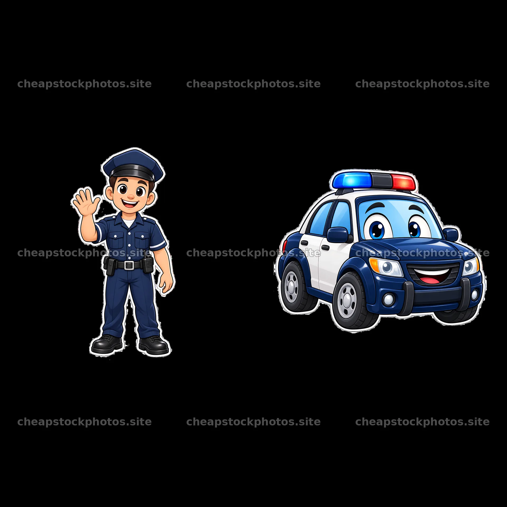 Police officer waving next to a smiling police car – stock photos 7746x7746
