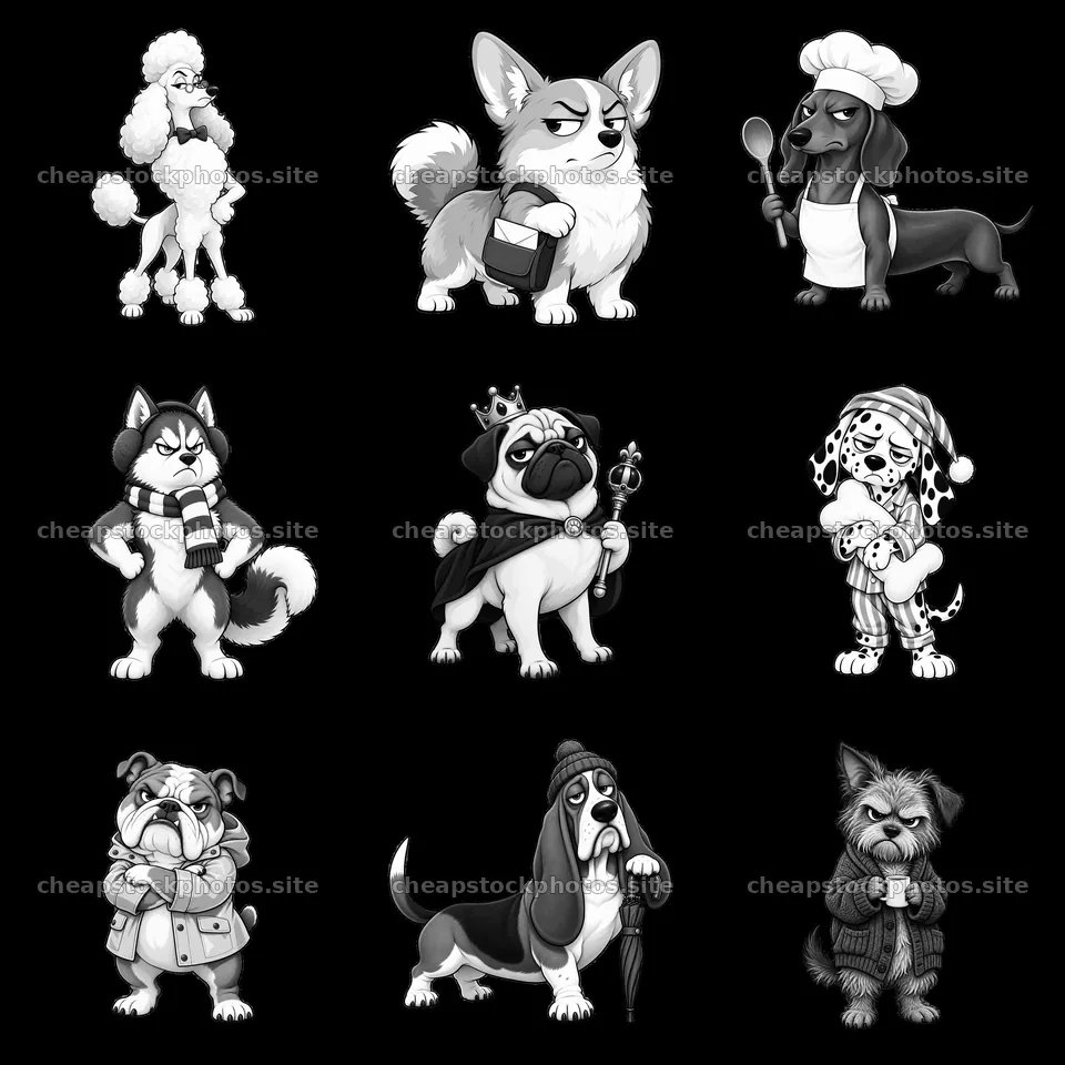 Grumpy dog cartoon stickers in a 3x3 layout – stock photos 7746x7746