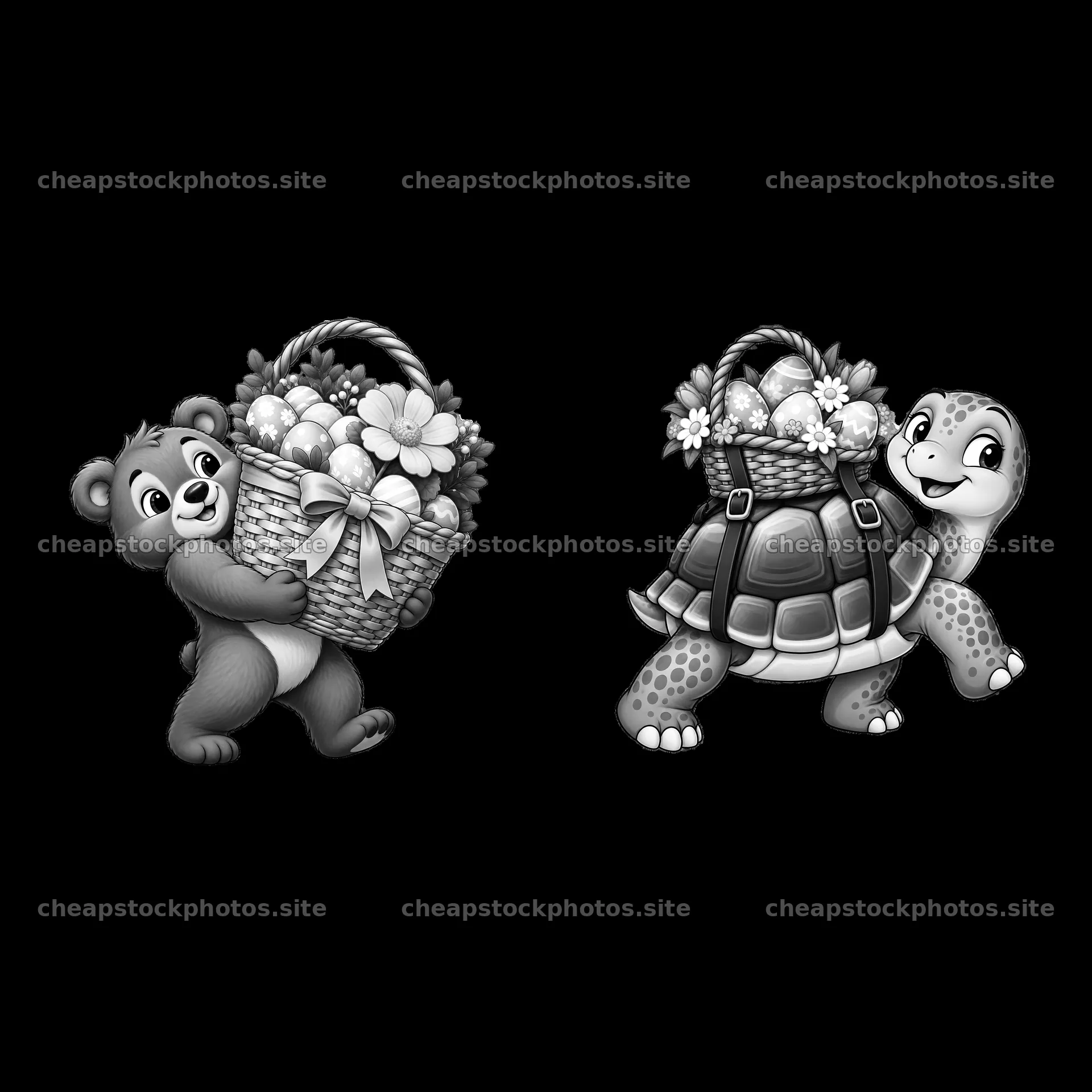 Cartoon bear and turtle carrying Easter baskets with flowers – stock photos 7746x7746