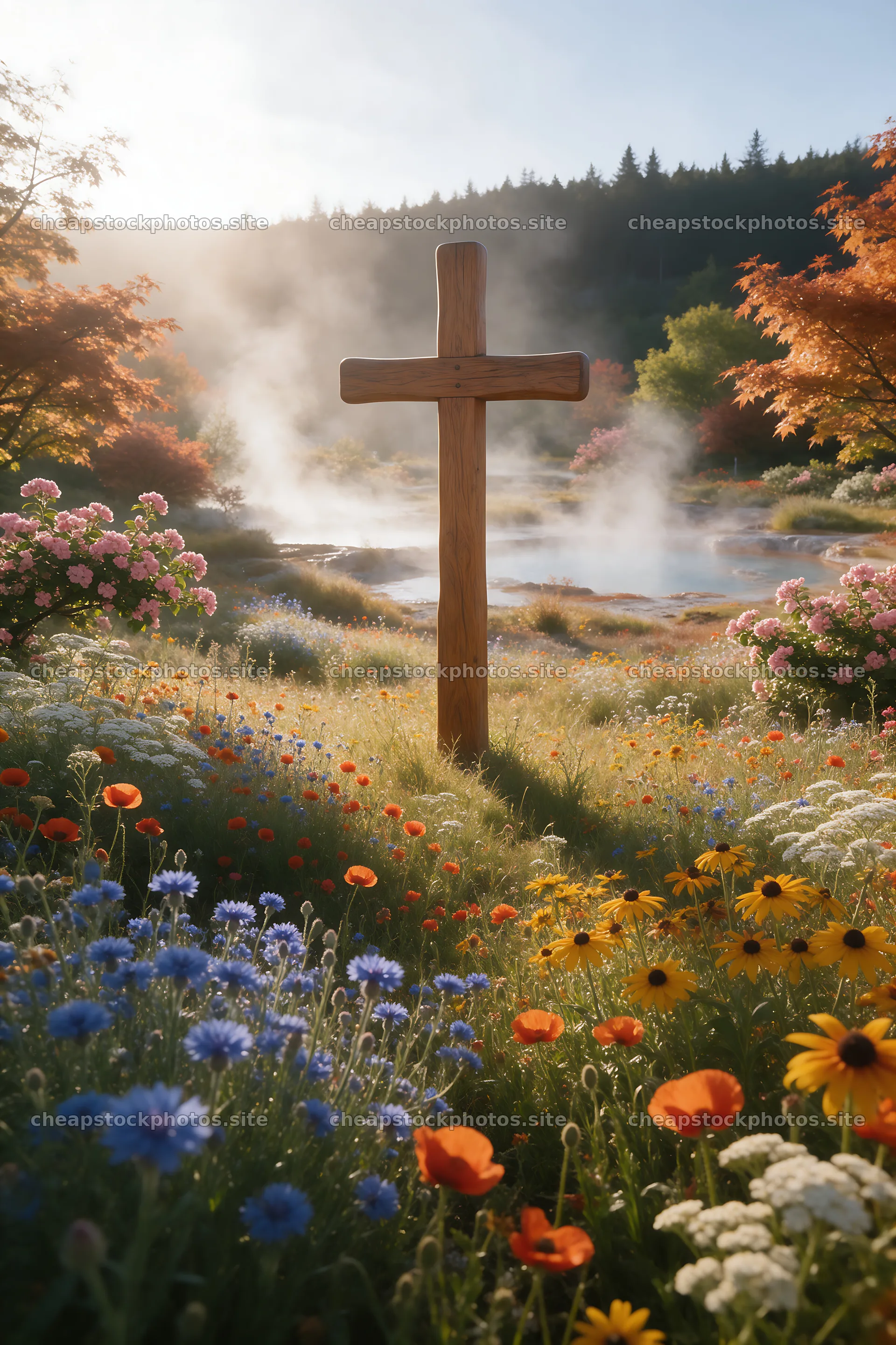 Wooden Christian cross in hot spring meadow with flowers – stock photos 6480x9722