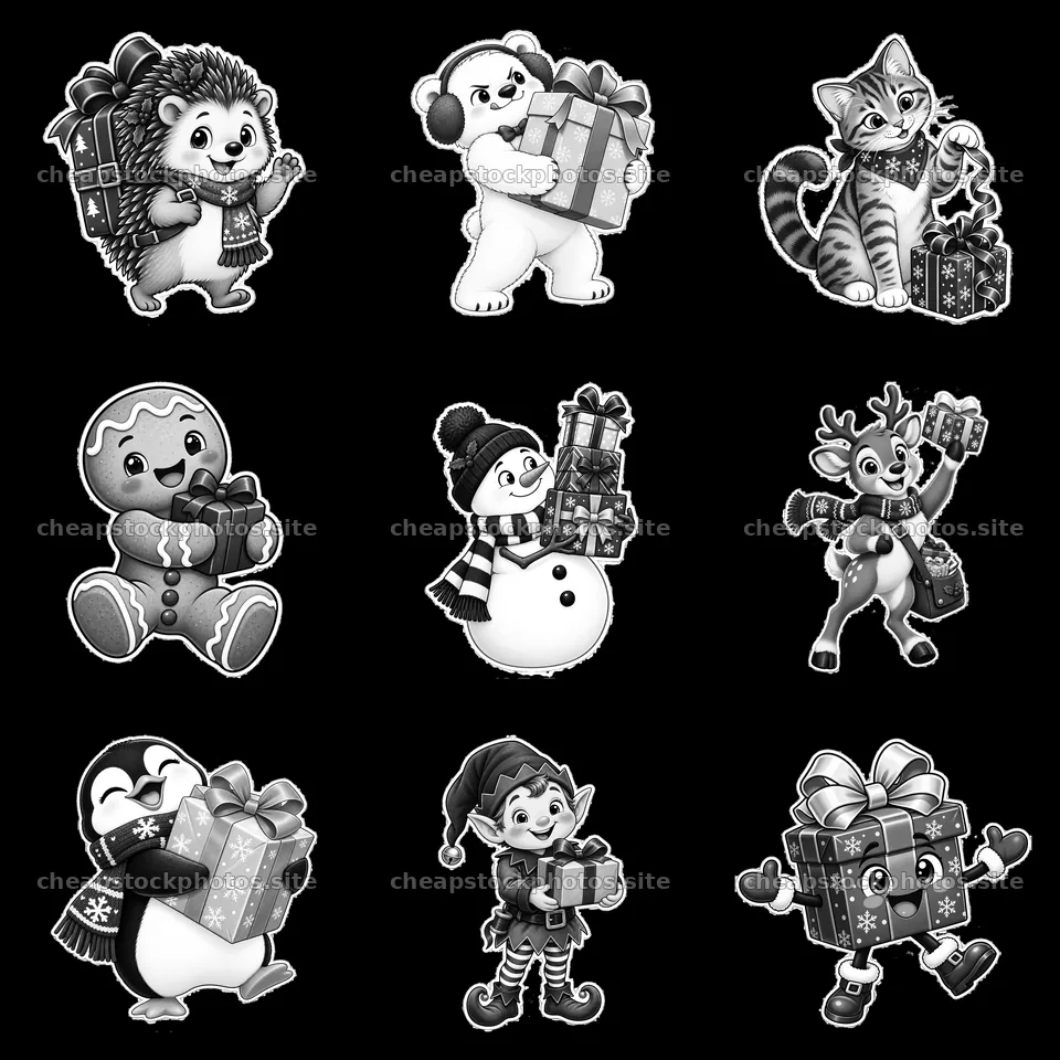 Cute animals and characters with Christmas presents in black and – stock photos 7746x7746