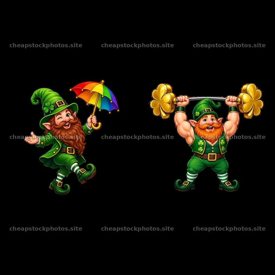 Cheerful gnome with umbrella and lifting gnome for St. Pat's – stock photos 7746x7746