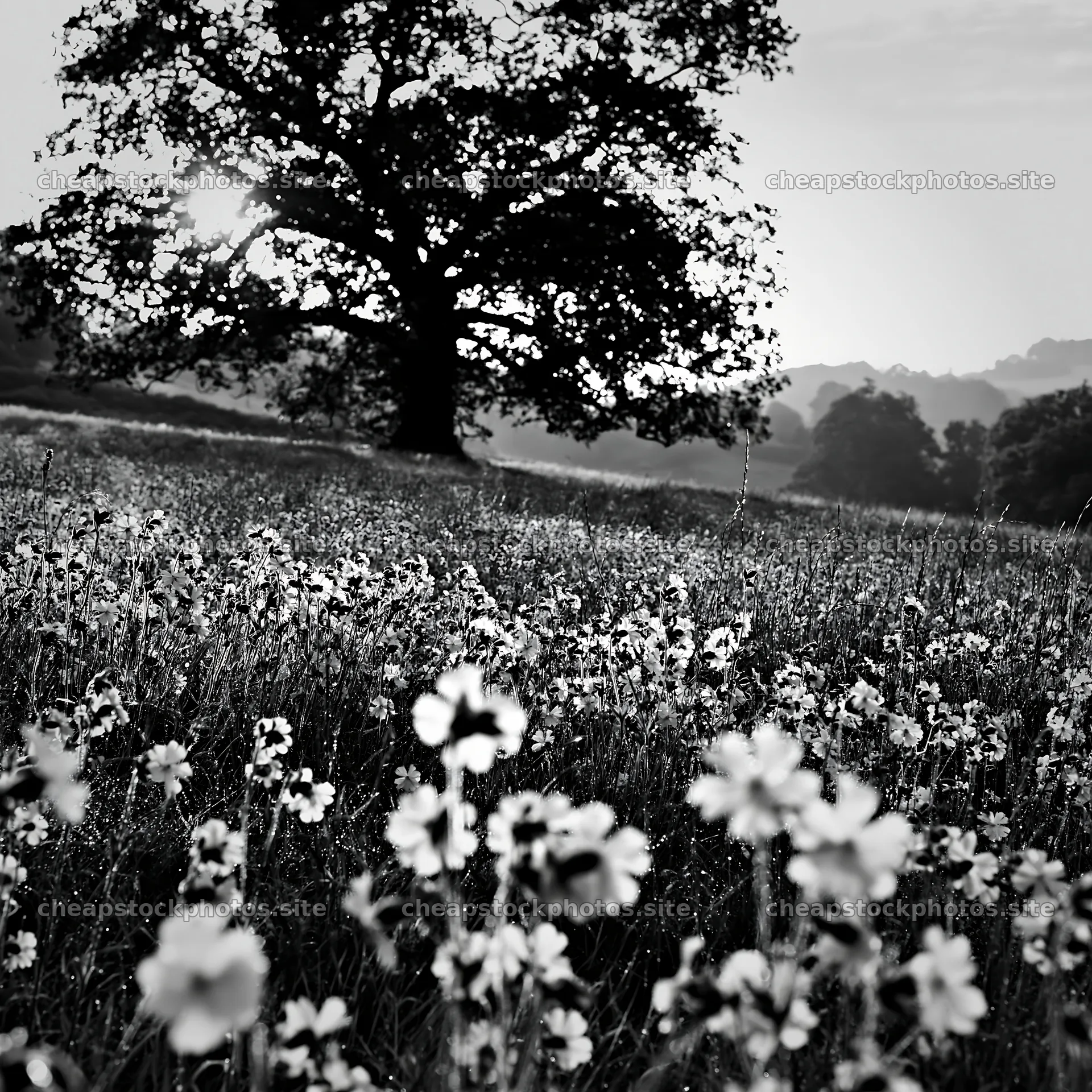 Pink campion meadow with tree at sunset in black and white – stock photos 7938x7938