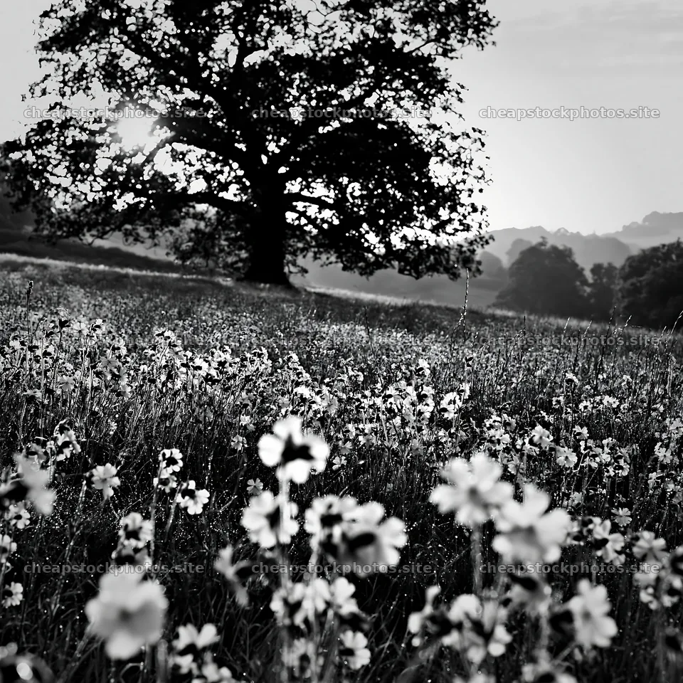 Pink campion meadow with tree at sunset in black and white – stock photos 7938x7938