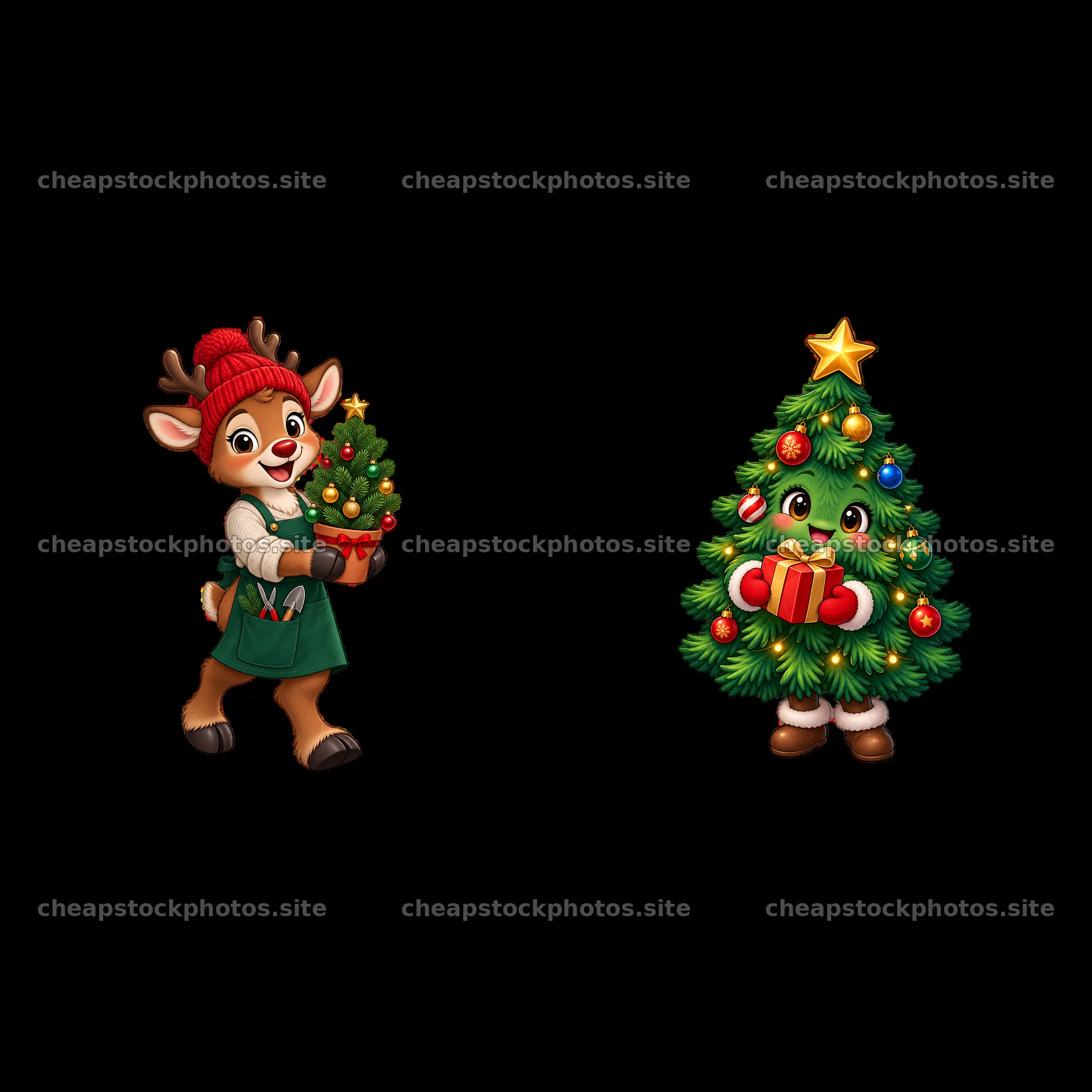Reindeer character carries small Christmas tree with gifts – stock photos 7746x7746