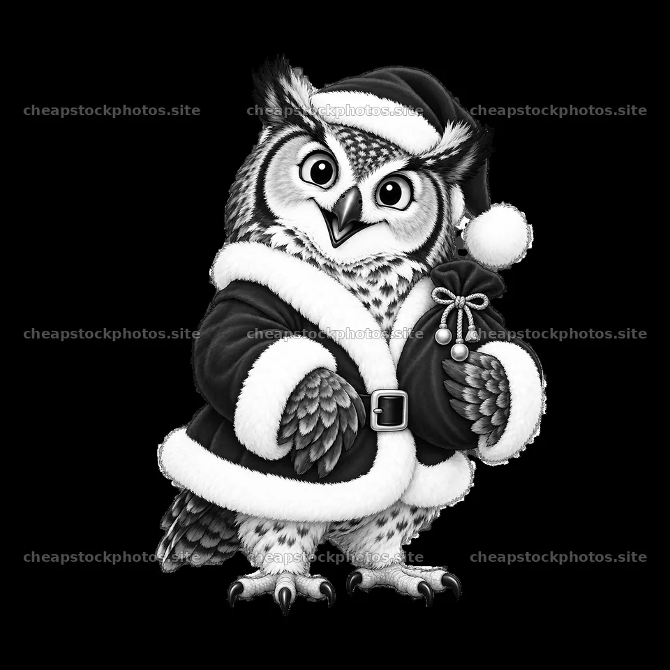 Christmas owl wearing a Santa hat and coat holding a bag – stock photos 7746x7746
