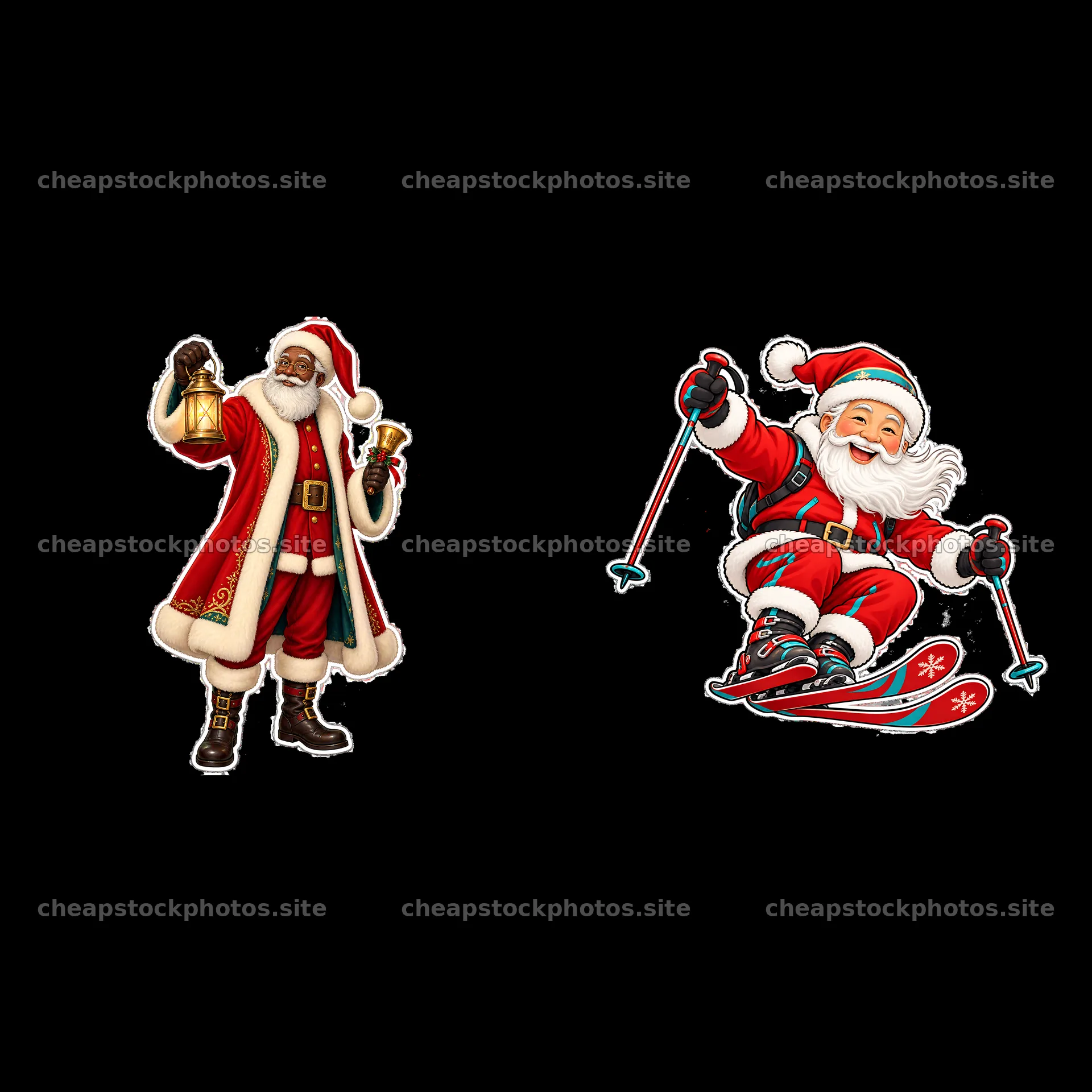 Santa Claus holding a bell and Santa skiing on a snowy slope – stock photos 7746x7746