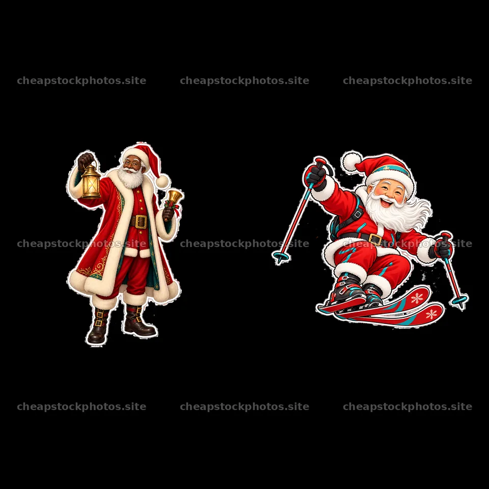 Santa Claus holding a bell and Santa skiing on a snowy slope – stock photos 7746x7746