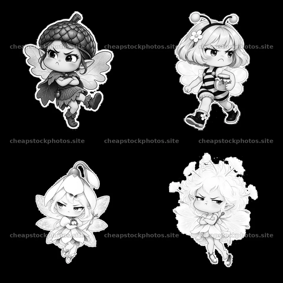Kawaii grumpy fairy characters in monochrome illustration – stock photos 7746x7746