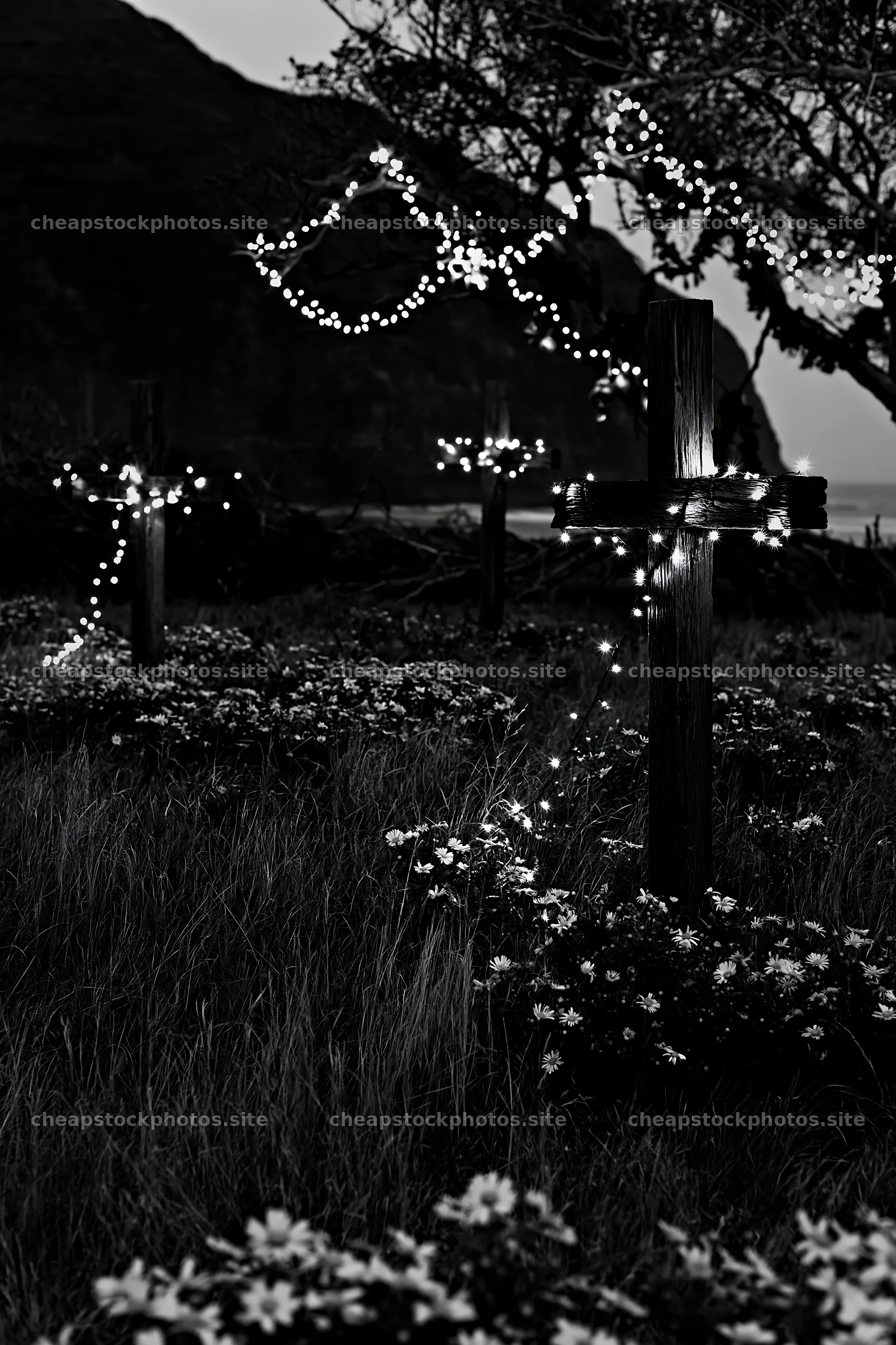 Christian crosses among yellow flowers in a meadow – stock photos 6480x9722