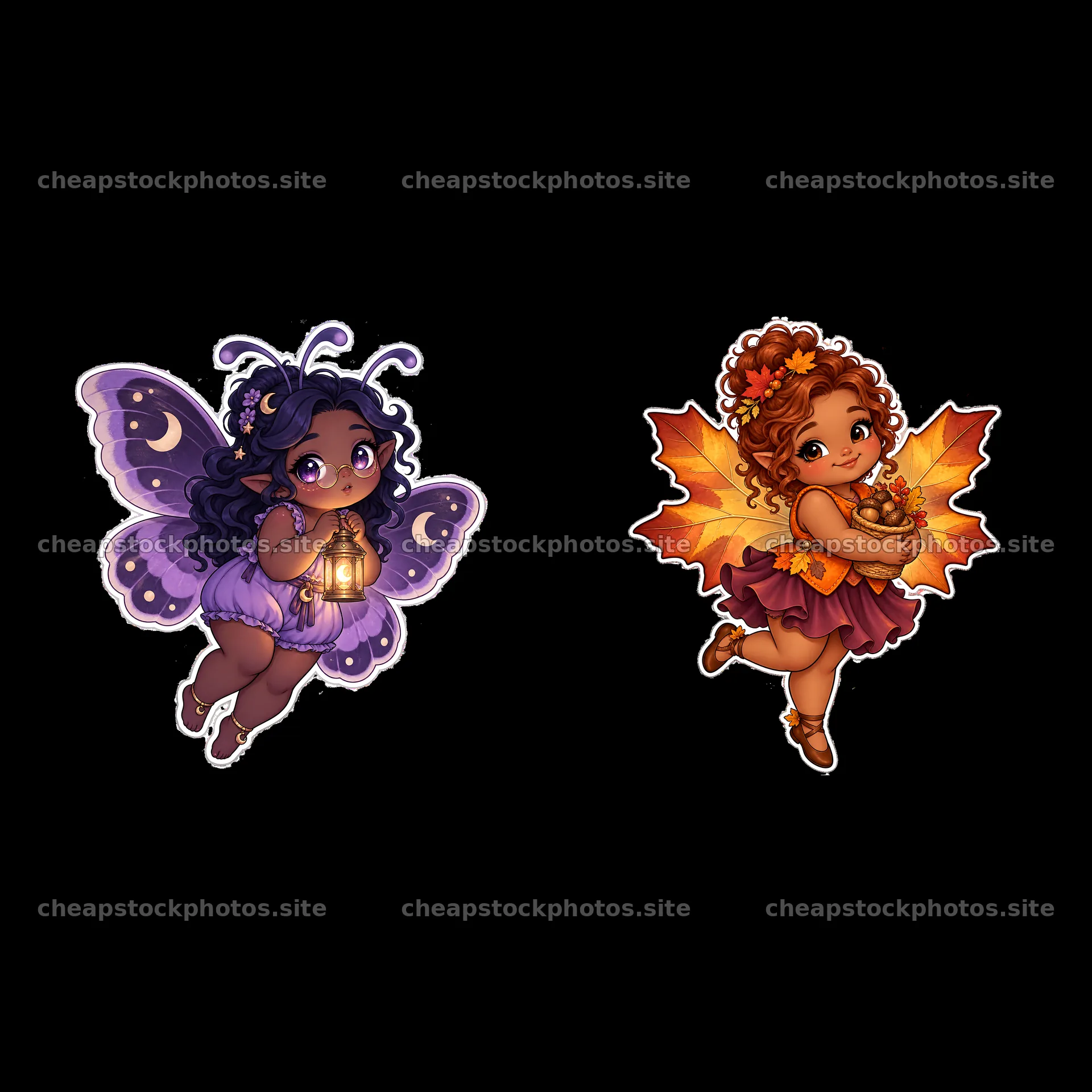Kawaii chubby fairies with butterfly and leaf accessories – stock photos 7746x7746