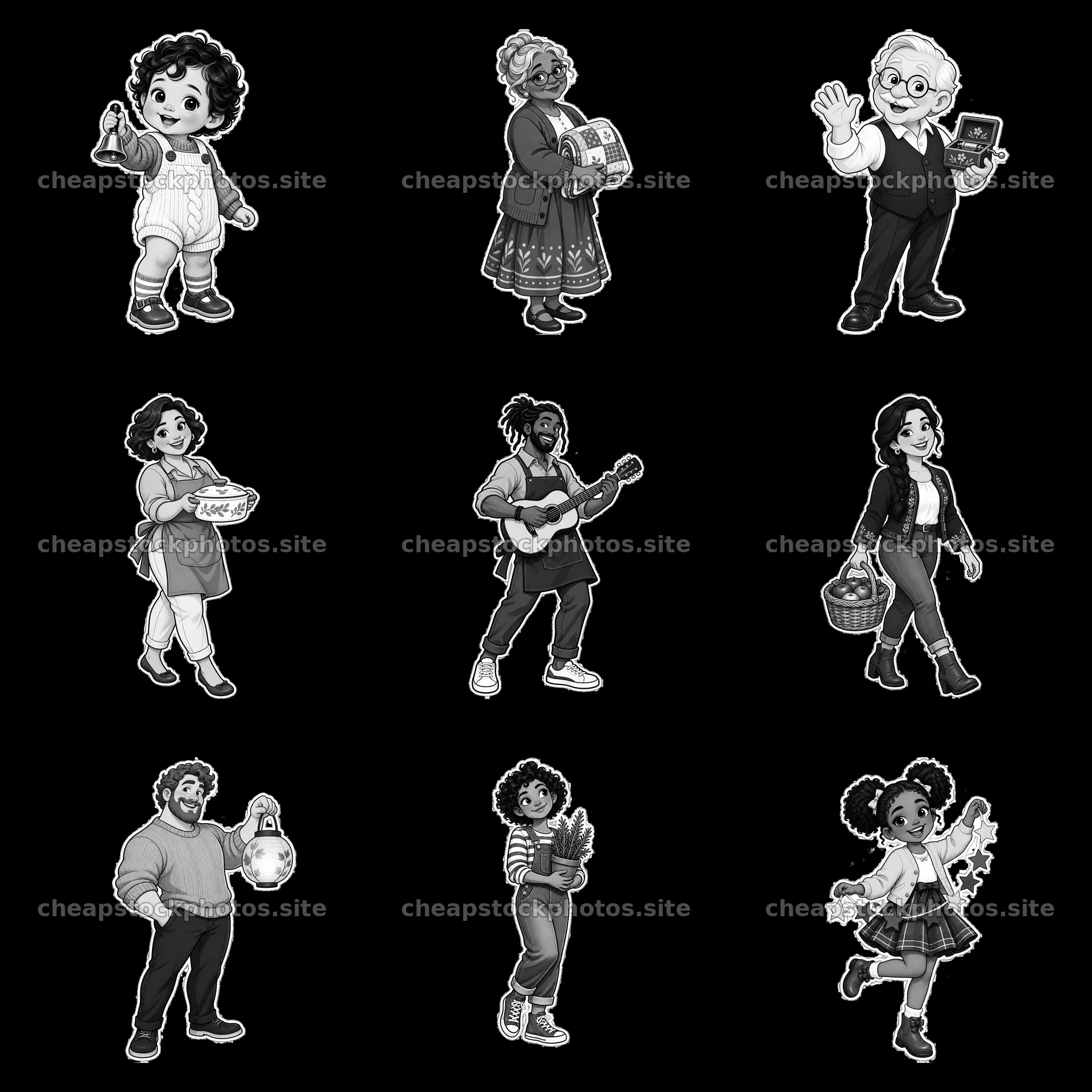 Family activities with diverse characters in black-and-white – stock photos 7746x7746