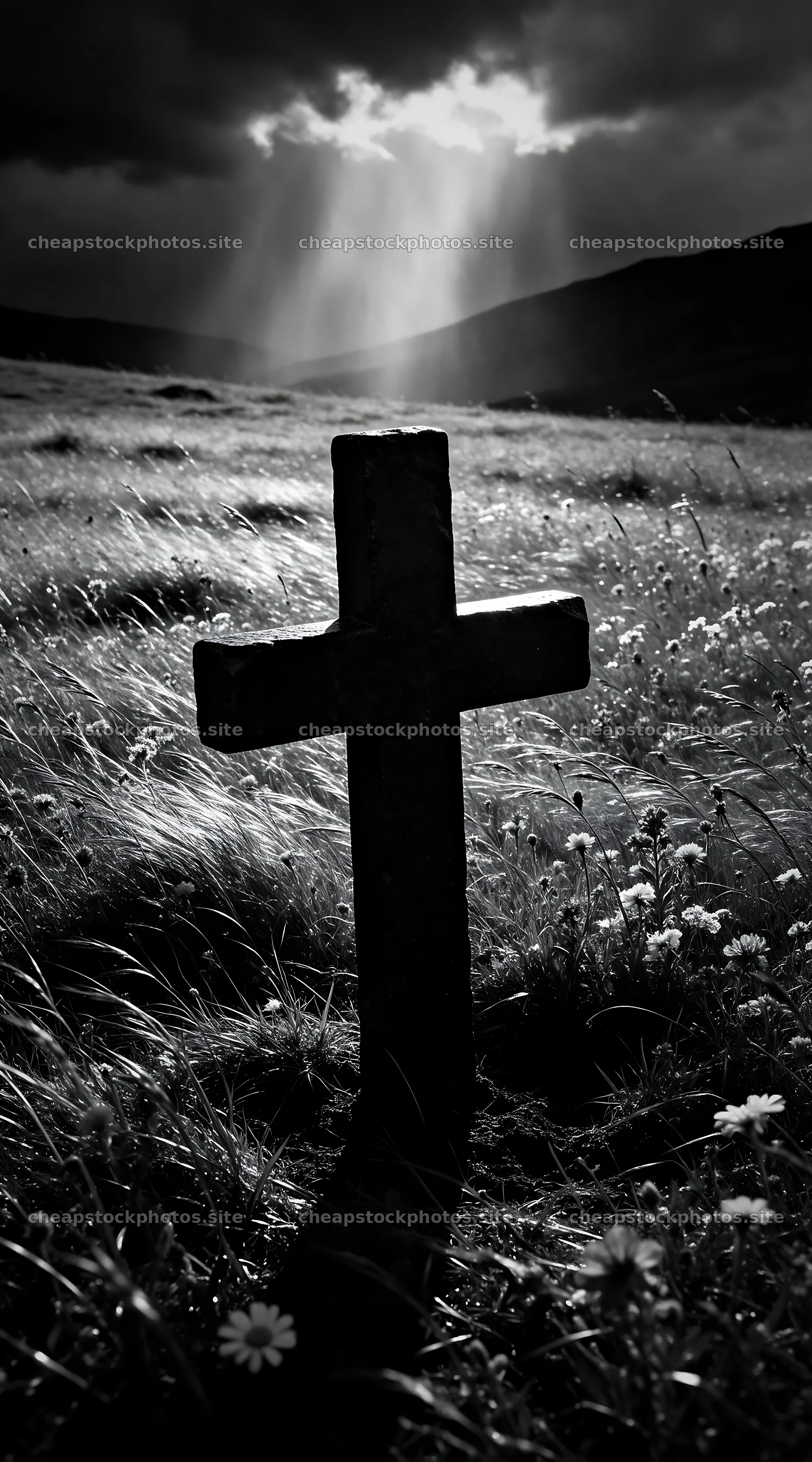 Christian cross in winter mountain meadow with dark clouds – stock photos 5916x10648