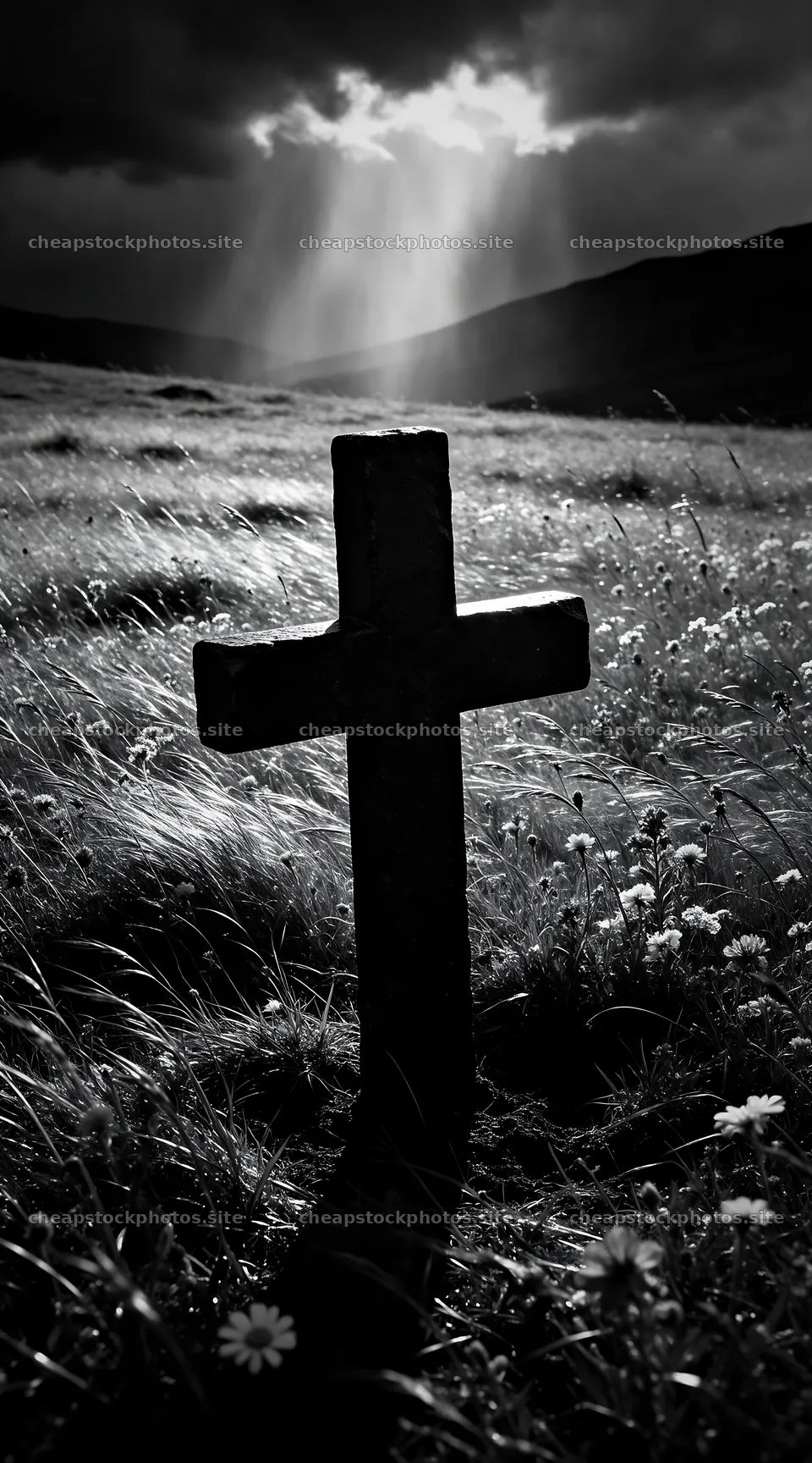 Christian cross in winter mountain meadow with dark clouds – stock photos 5916x10648