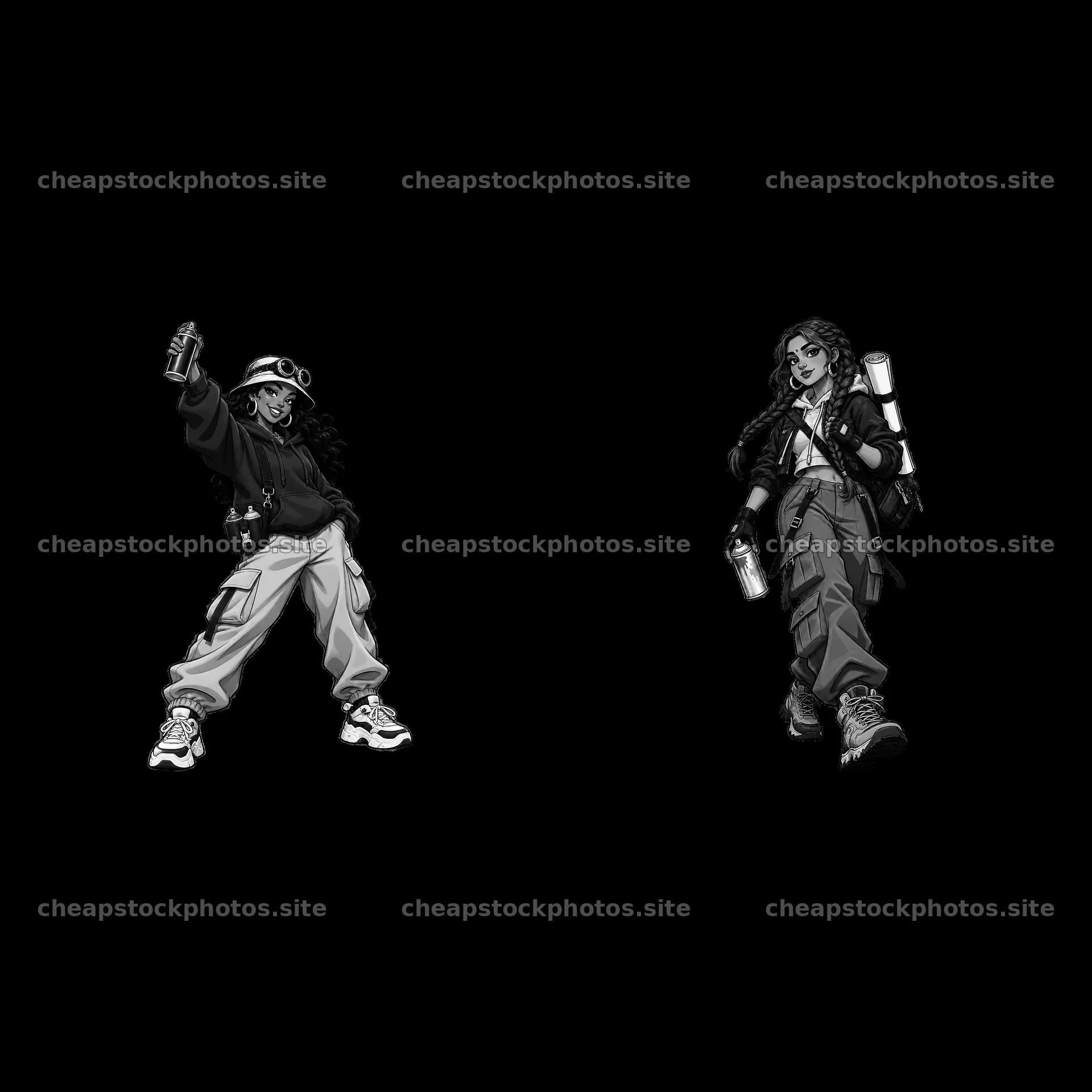 Cartoon graffiti sprayers in streetwear style holding spray cans – stock photos 7746x7746