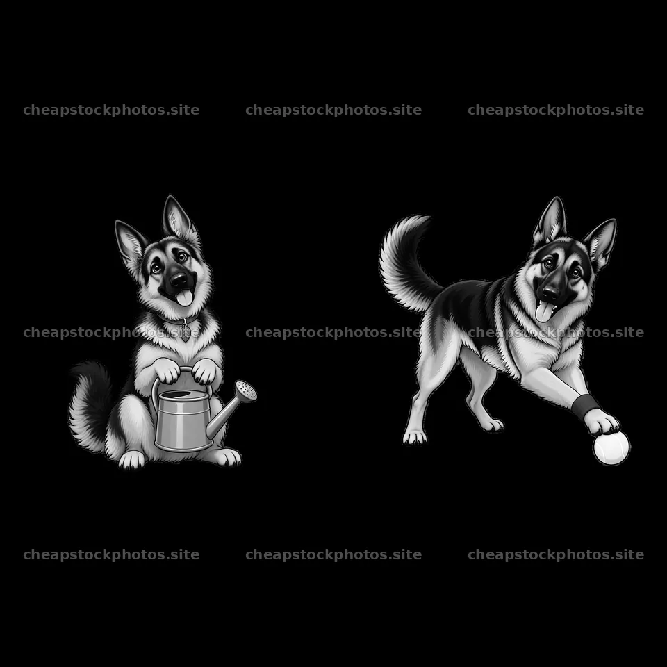 German Shepherd dog with watering can and ball in black and white – stock photos 7746x7746