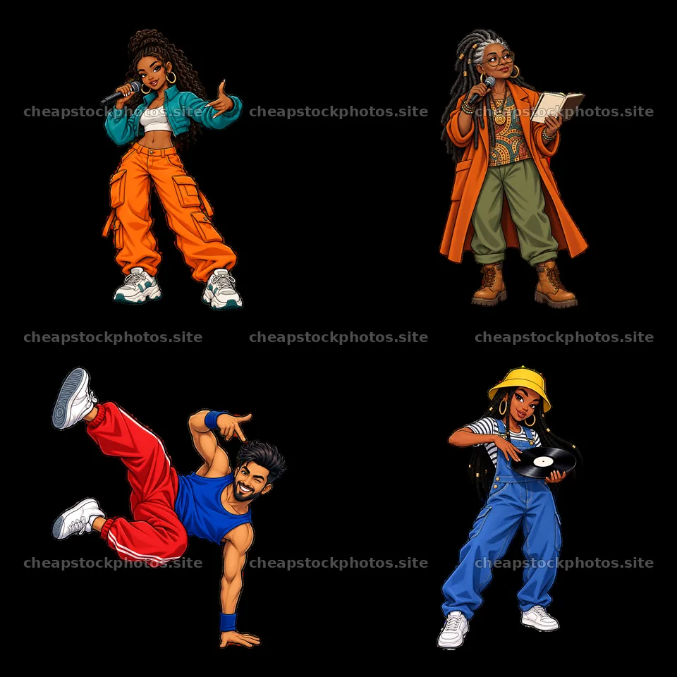 Hip-hop artists in vibrant outfits and dynamic poses – stock photos 7746x7746