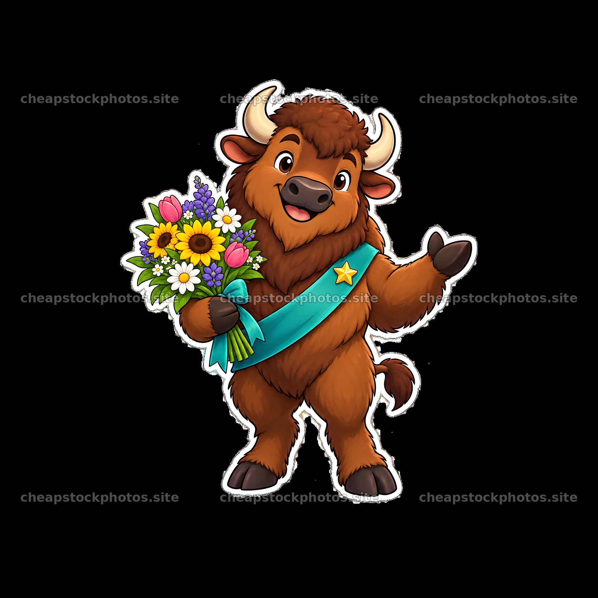 Cute bison character holding a bouquet of flowers with a ribbon – stock photos 7746x7746