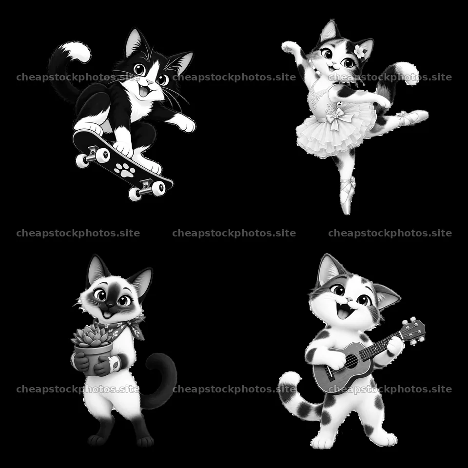 Four playful cartoon cats engaged in fun activities – stock photos 7746x7746