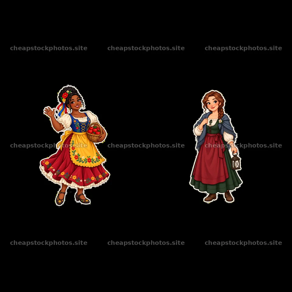 Woman in traditional folk dress waving and another holding lantern – stock photos 7746x7746