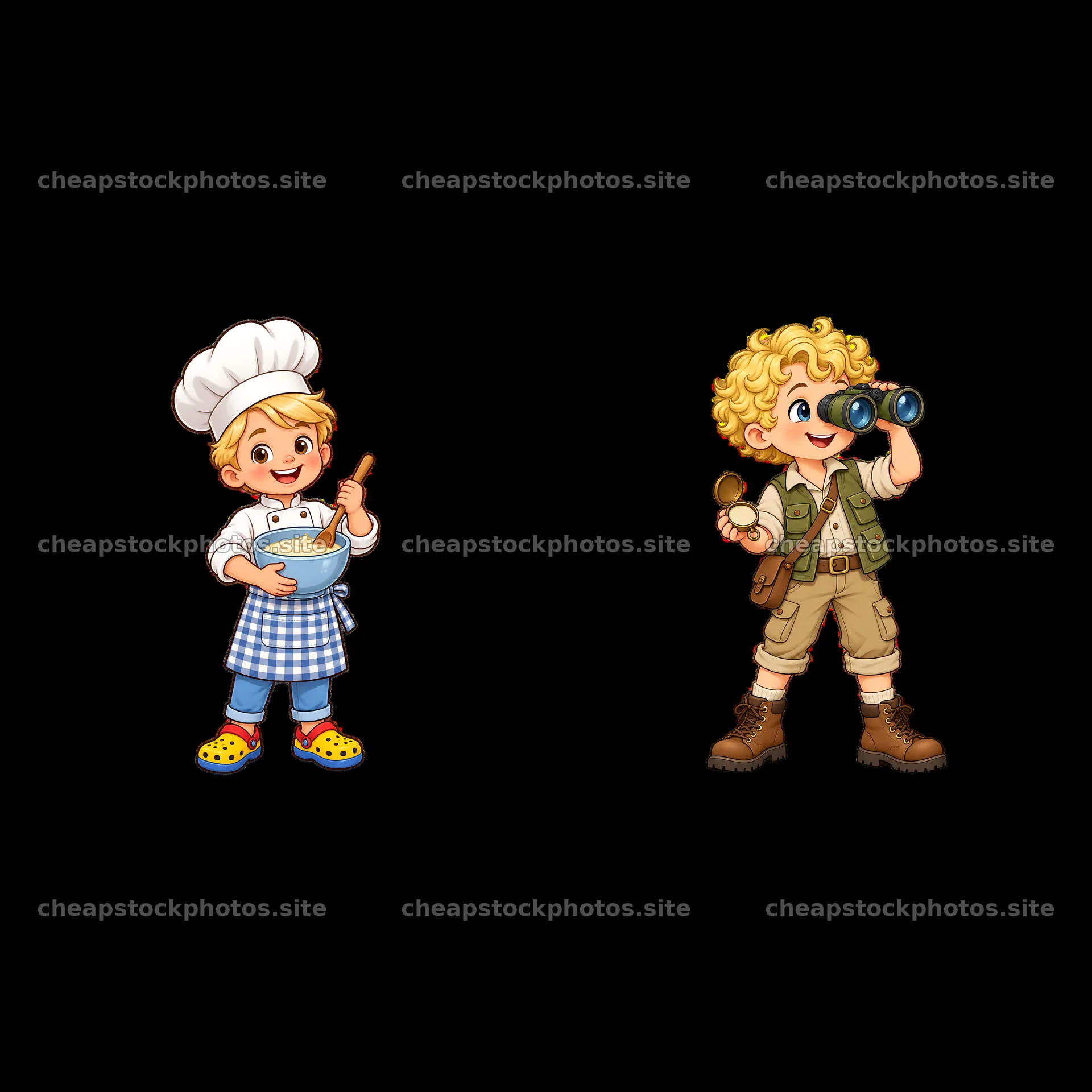Blond child chef holding a bowl next to explorer with binoculars – stock photos 7746x7746