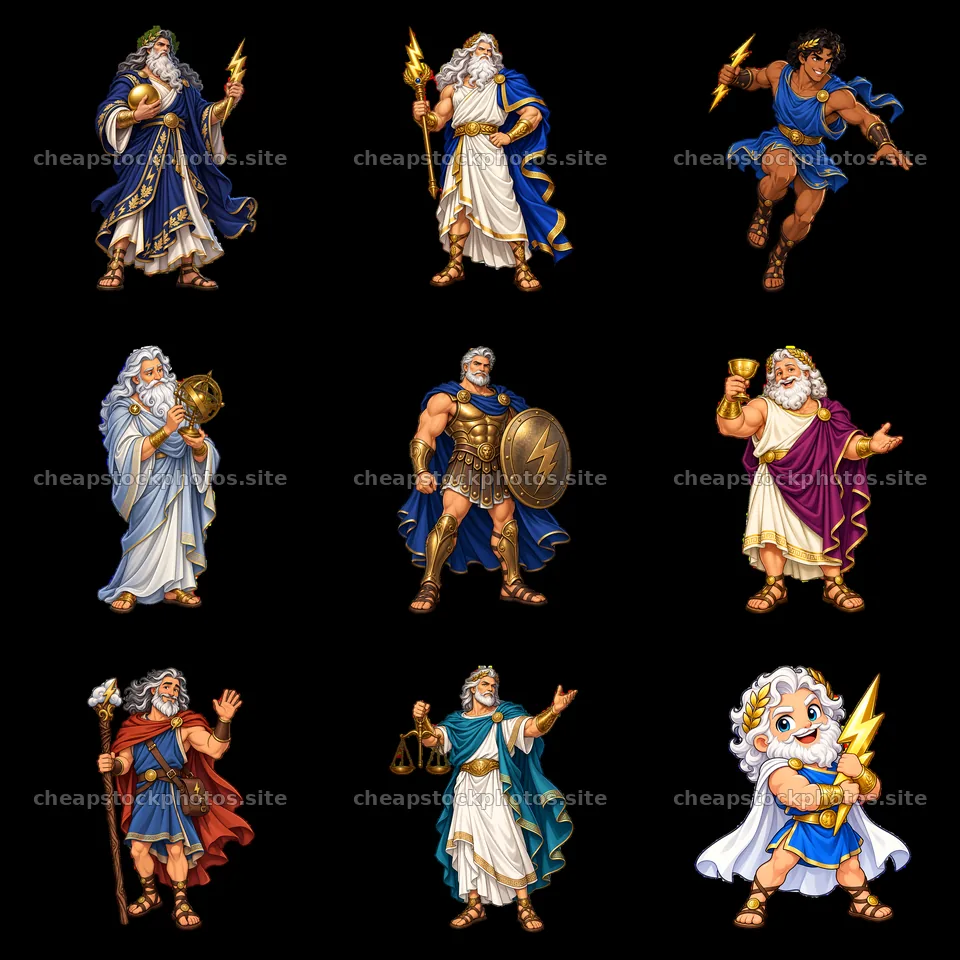 Zeus in various poses with accessories and characters in a grid – stock photos 7746x7746