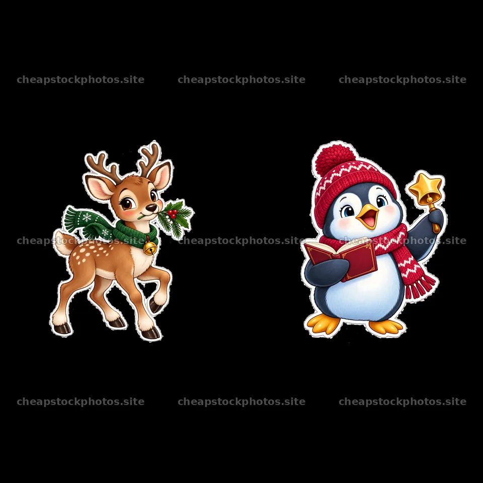 Cute reindeer and penguin celebrating Christmas together – stock photos 7746x7746
