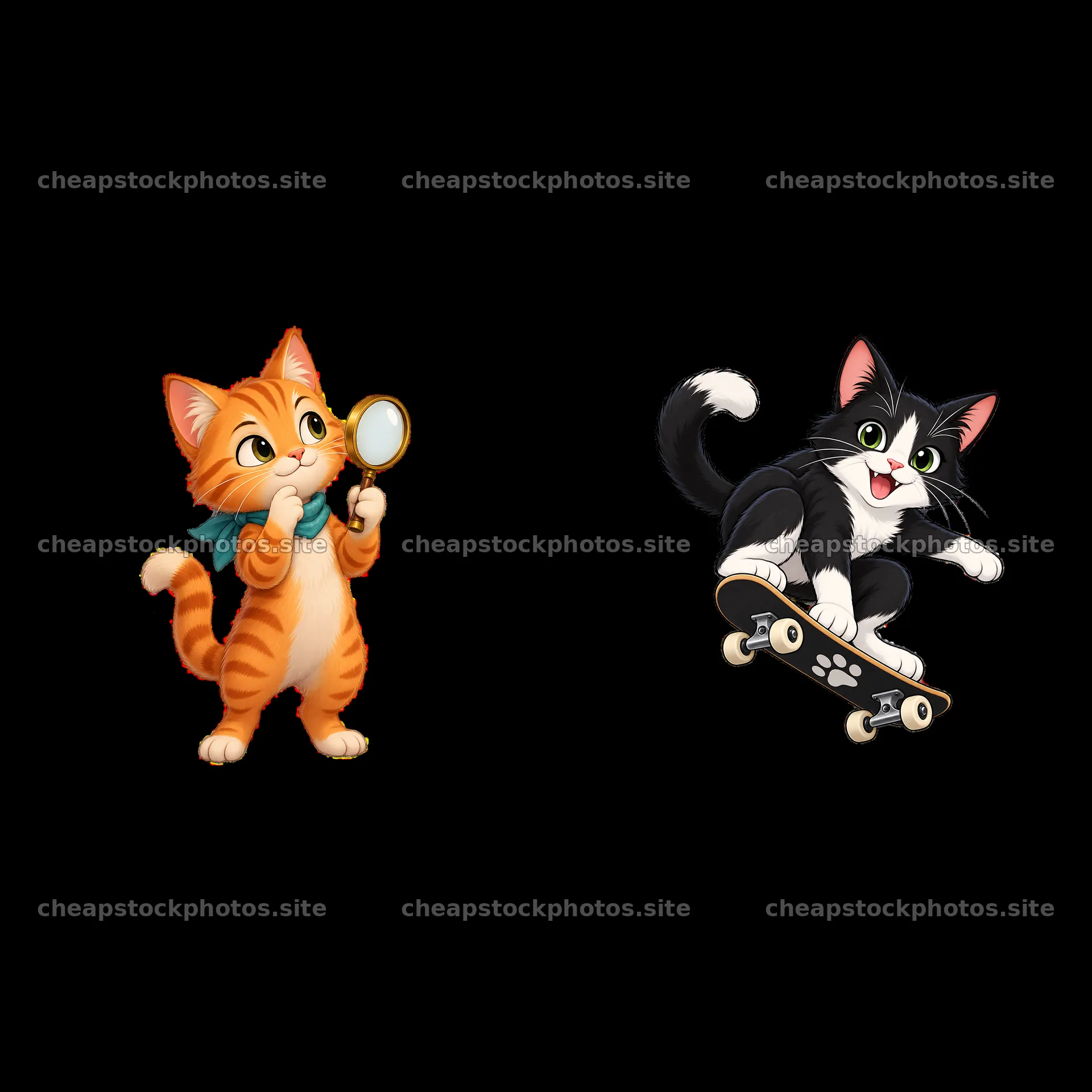 Orange cat with magnifying glass and black cat on skateboard – stock photos 7746x7746