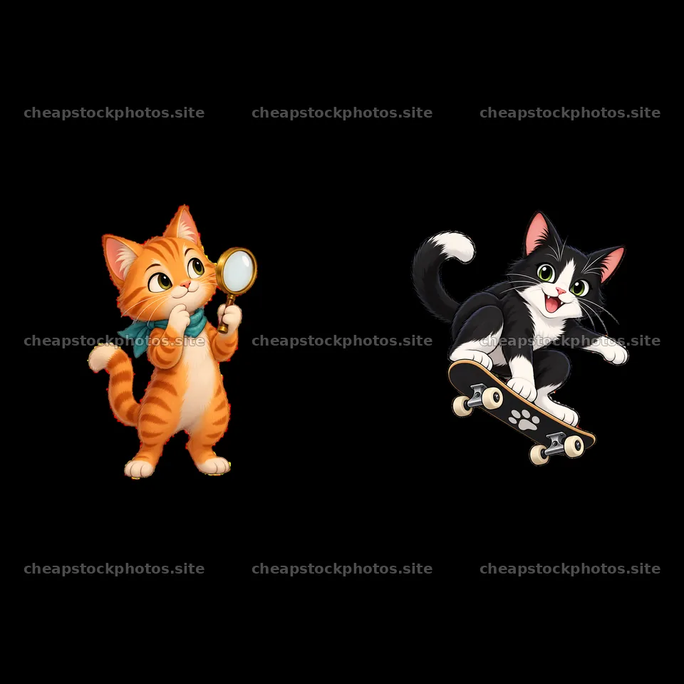 Orange cat with magnifying glass and black cat on skateboard – stock photos 7746x7746