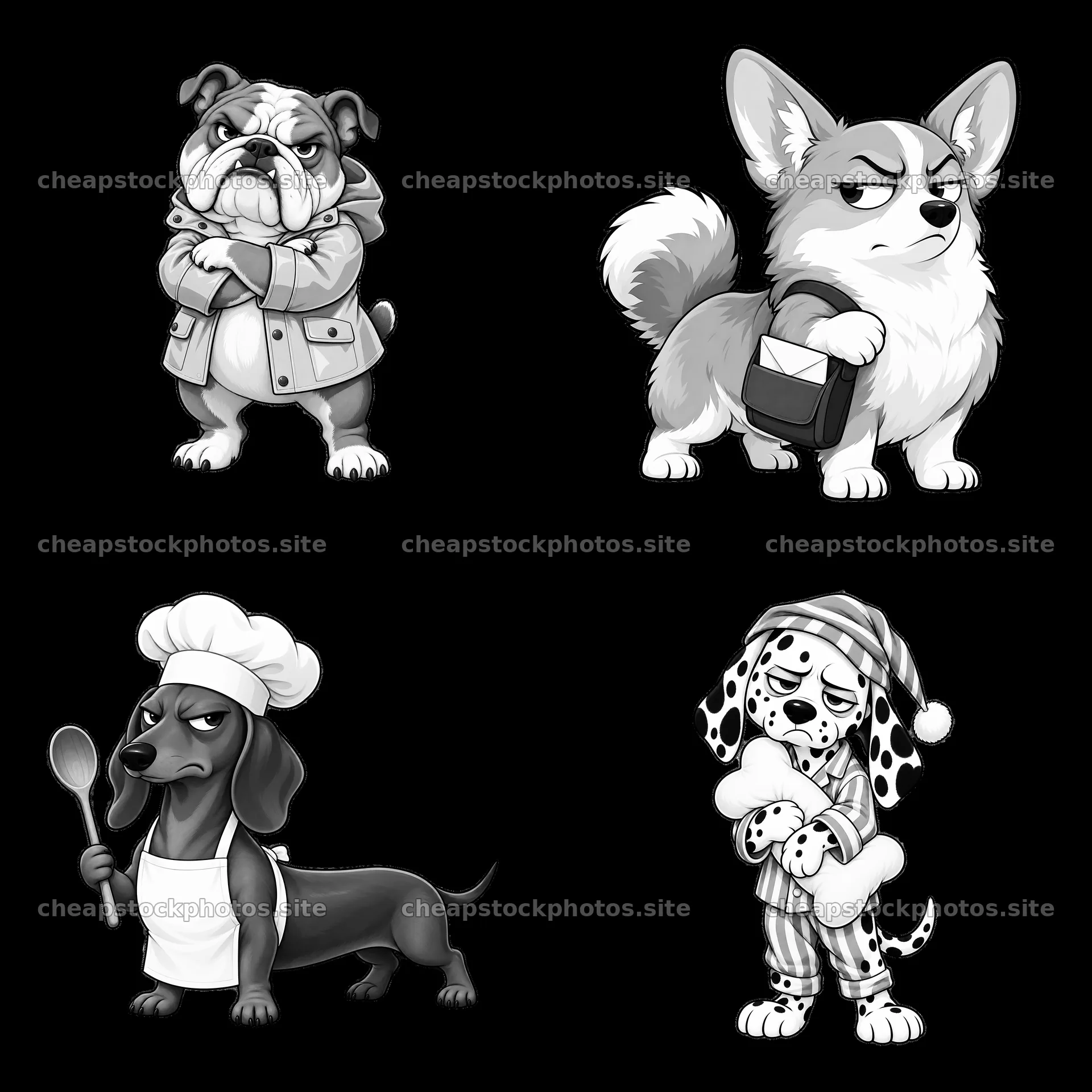 Grumpy cartoon dogs with distinct expressions in a 2x2 layout – stock photos 7746x7746