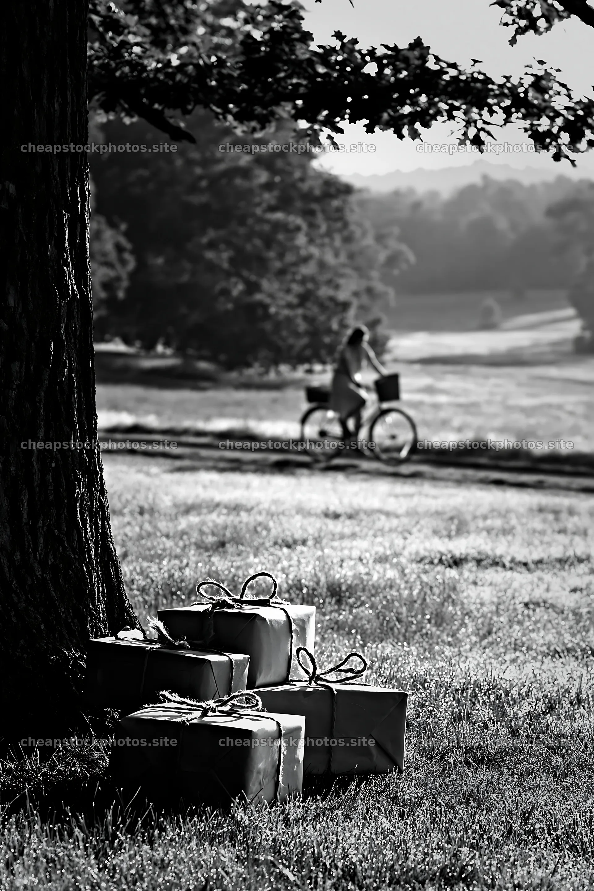 Bicyclist passing wrapped gifts under a tree in a meadow – stock photos 6480x9722