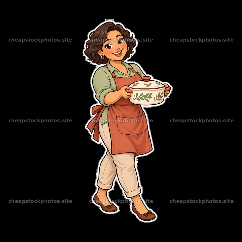 Woman in apron holding a pot with herbs, smiling at the viewer – stock photos 7746x7746