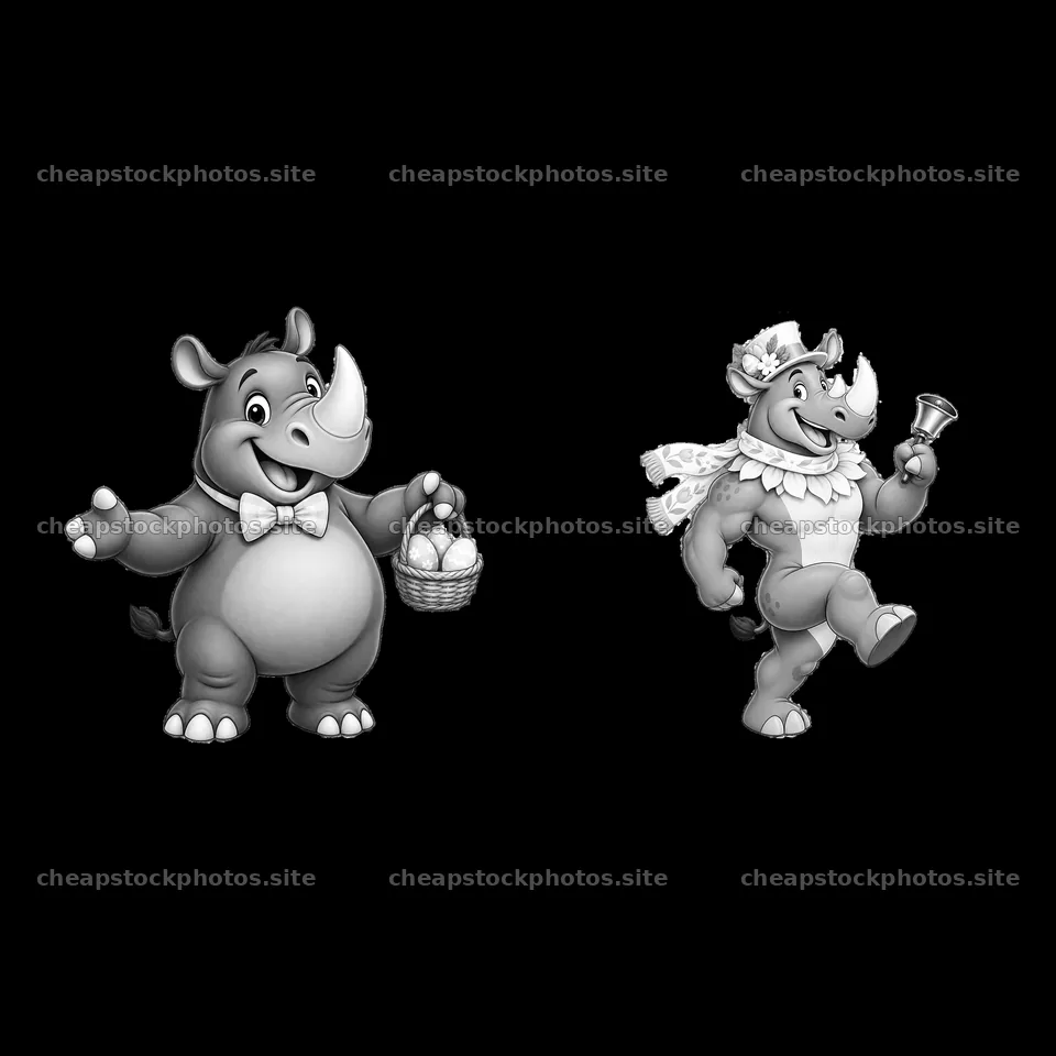 Easter rhinoceroses with eggs and bell in black and white – stock photos 7746x7746