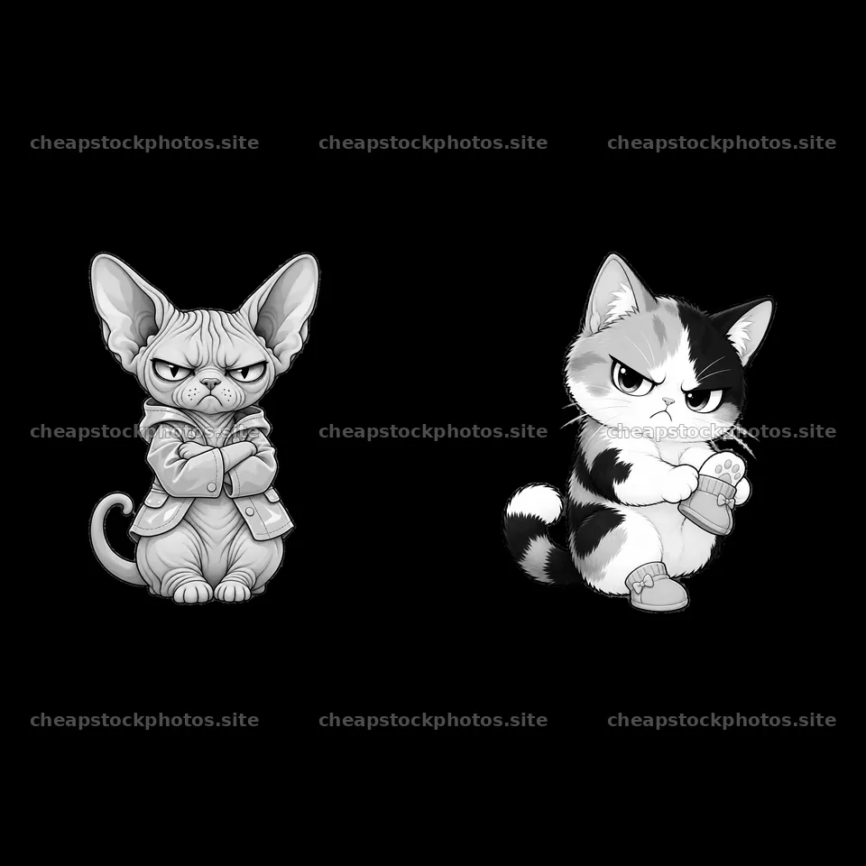 Kawaii grumpy cats with annoyed expressions and crossed arms – stock photos 7746x7746