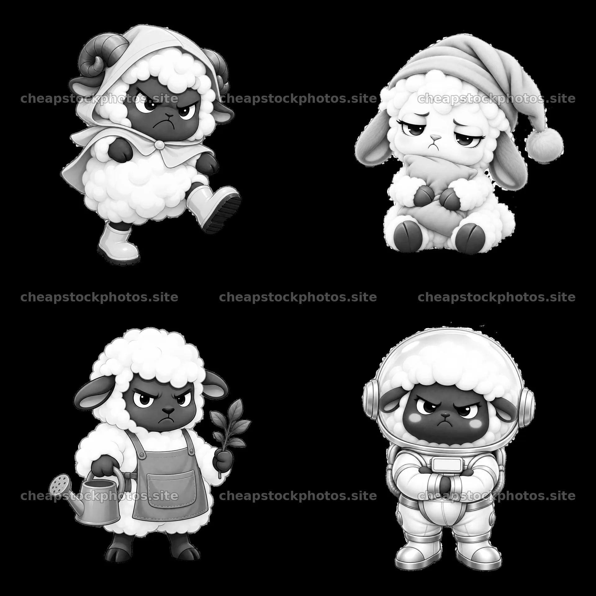 Kawaii grumpy sheep characters in various expressions and outfits – stock photos 7746x7746