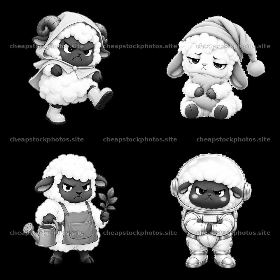 Kawaii grumpy sheep characters in various expressions and outfits – stock photos 7746x7746