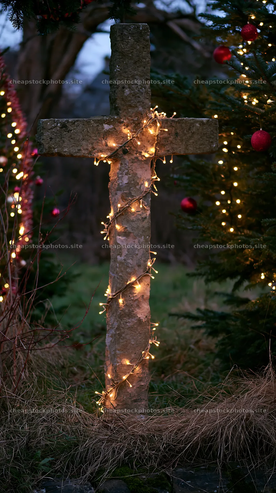 Handcrafted Christian cross with lights in Christmas meadow – stock photos 5938x10608