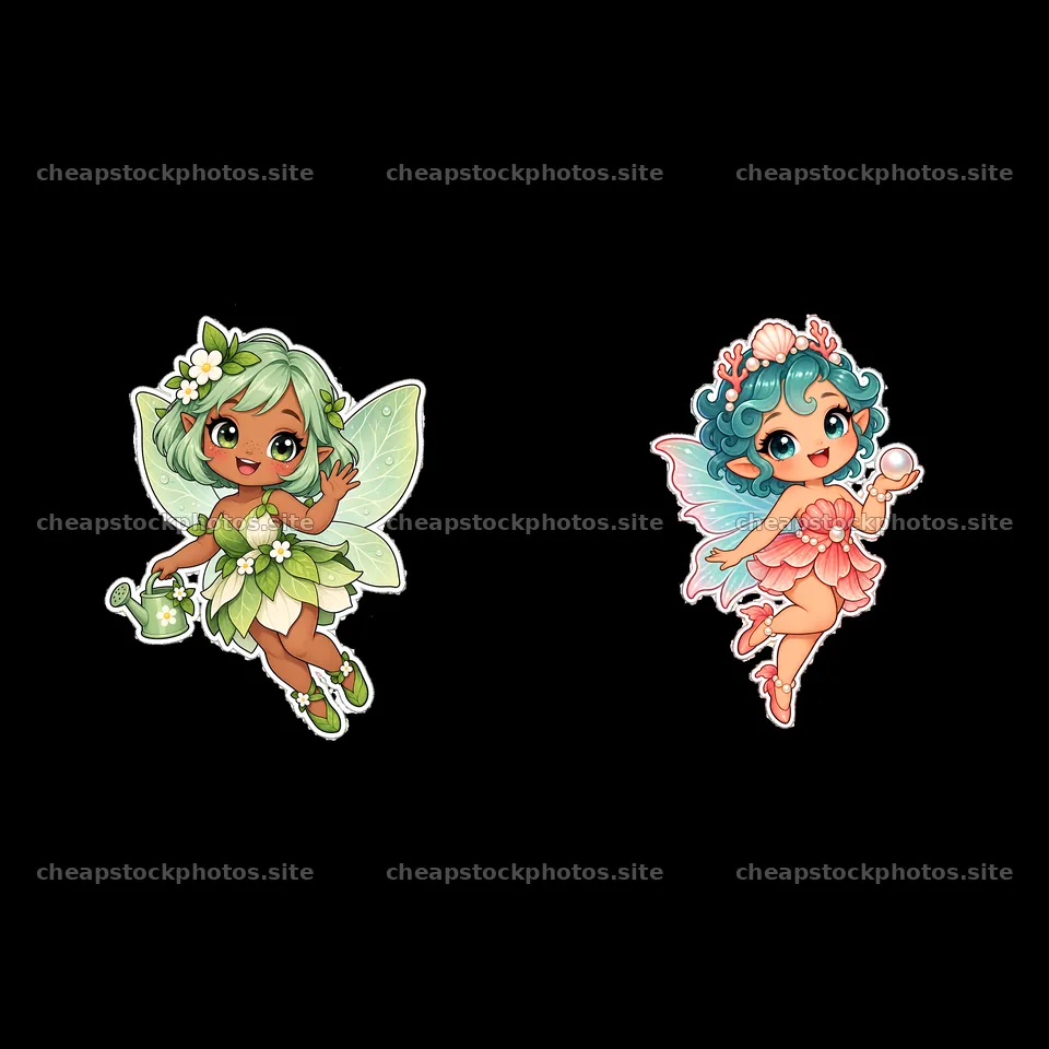 Chubby kawaii fairies with flowers and bubbles in bright colors – stock photos 7746x7746